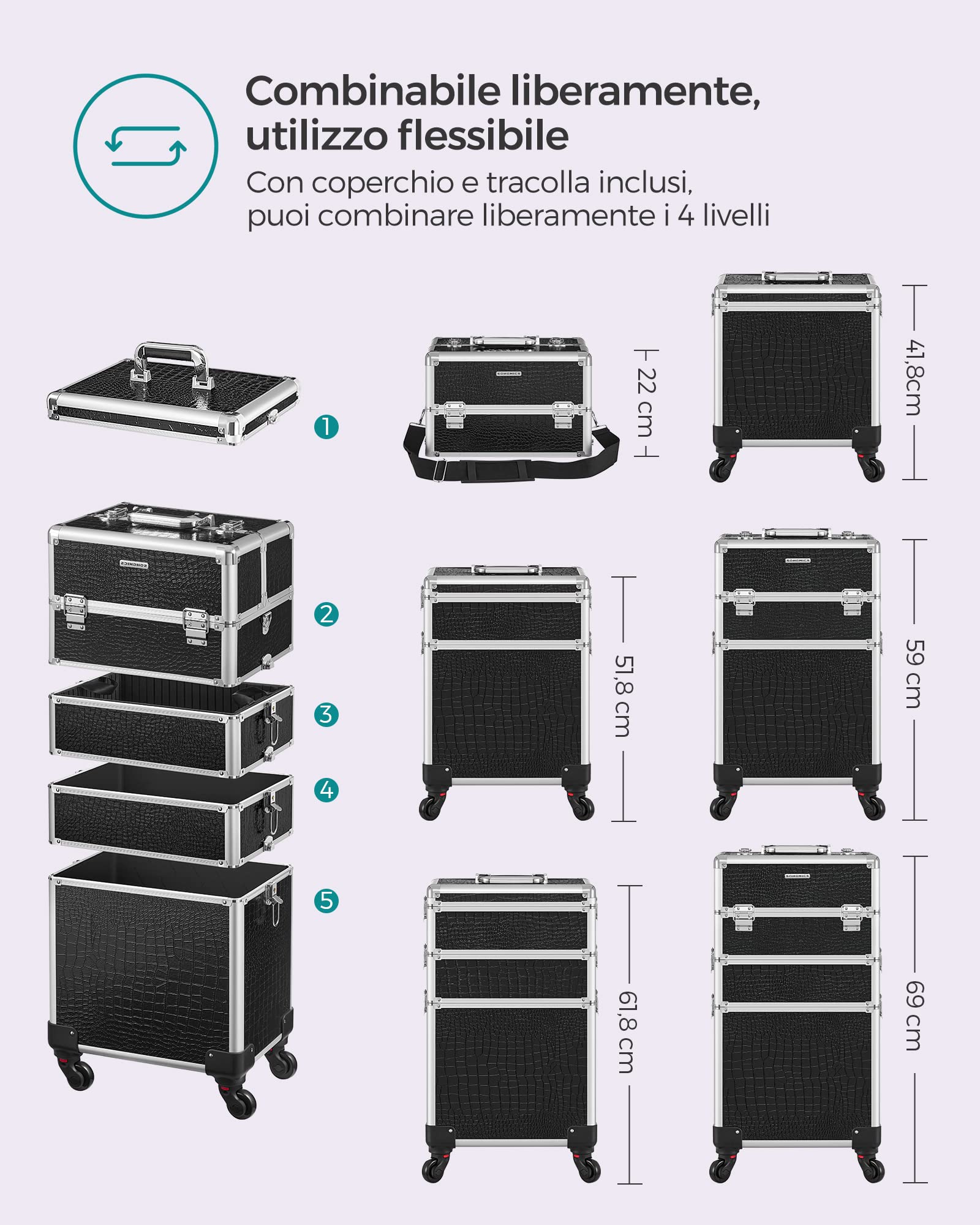 Songmics JHZ06B Trolley Make Up Nero 4in1 35x25x79