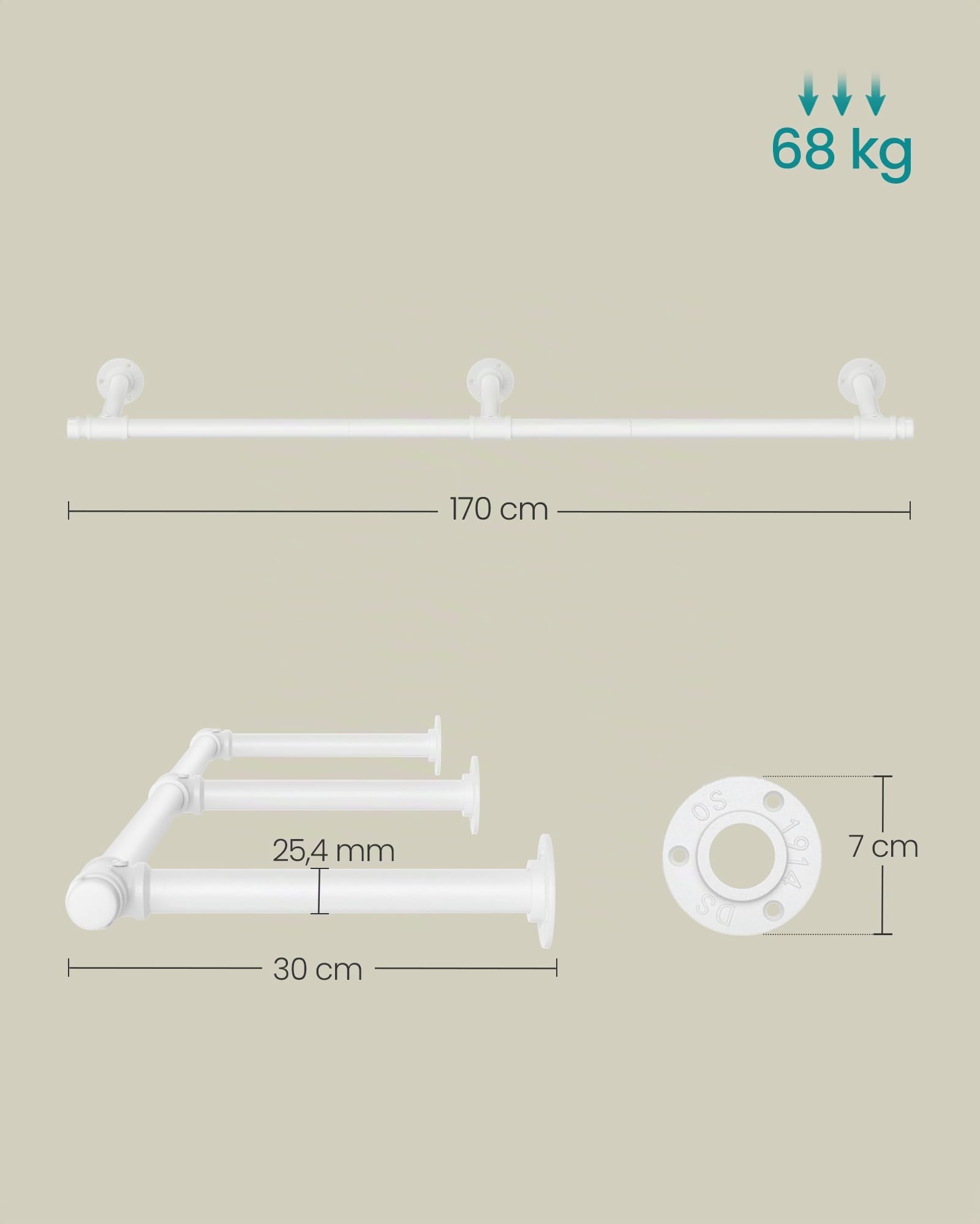 Songmics HSR104W01 attaccapanni muro 170 cm bianco 68 kg