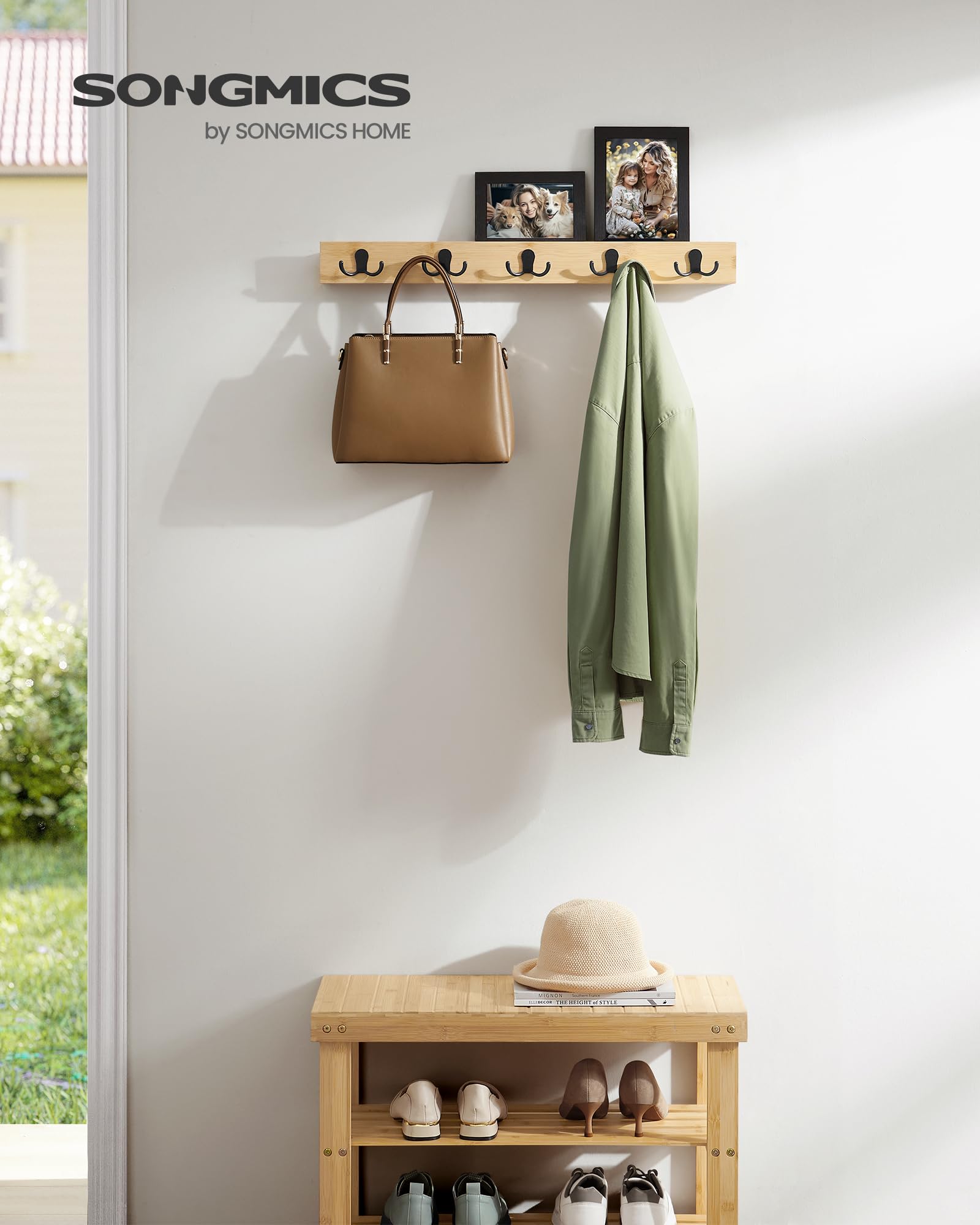 Songmics LCR005N01 appendiabiti da parete beige 5 ganci bambù