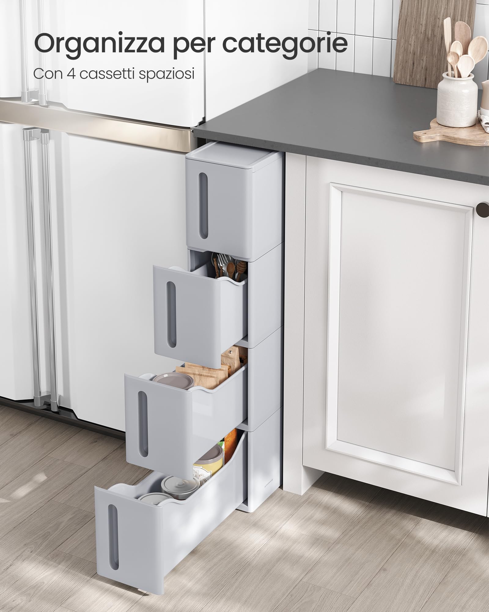 Songmics KFR008G02 carrello 4 cassetti 17,3 cm grigio plastica PP