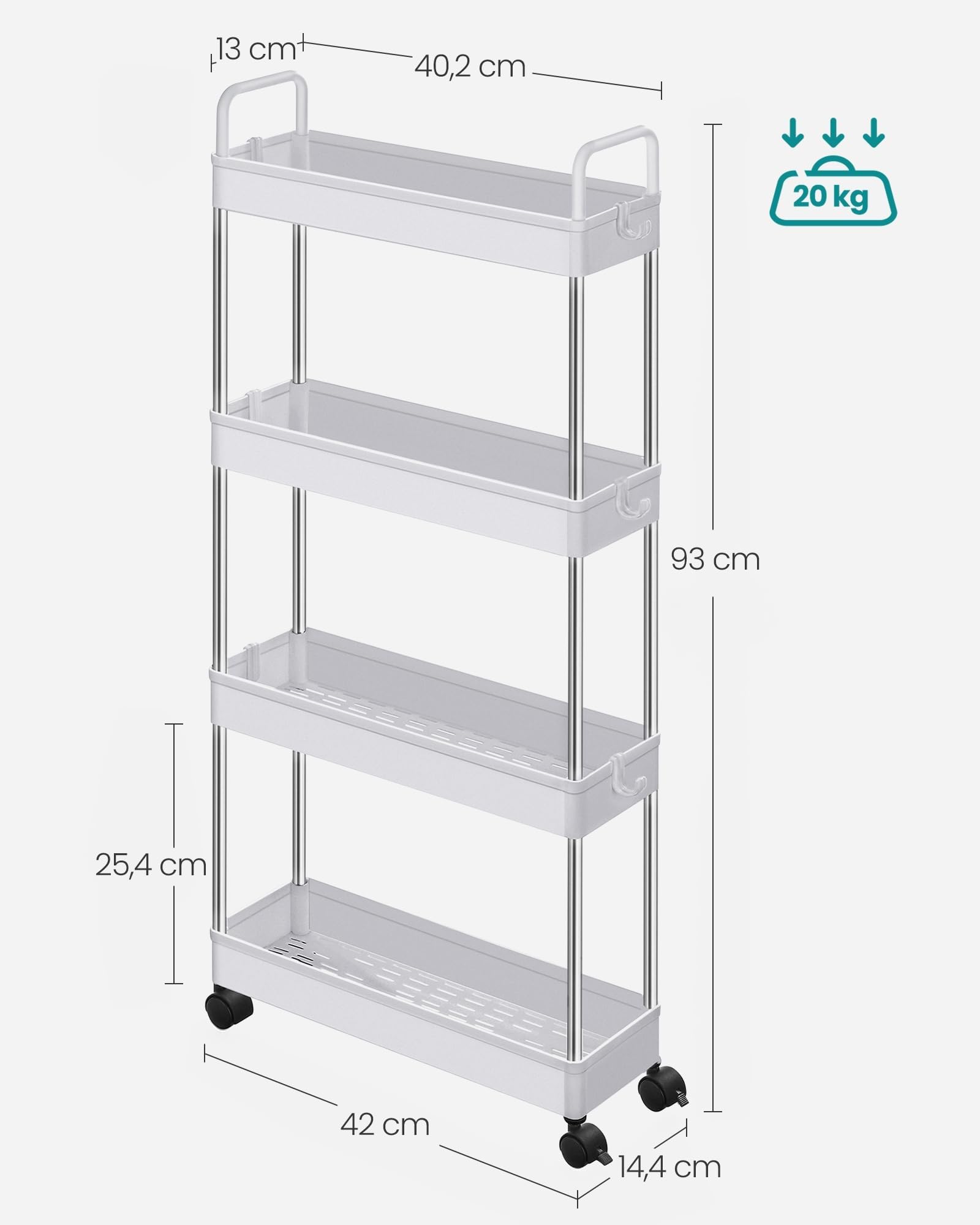 Songmics KSC018W01 carrello 4 ripiani bianco stretto con ruote