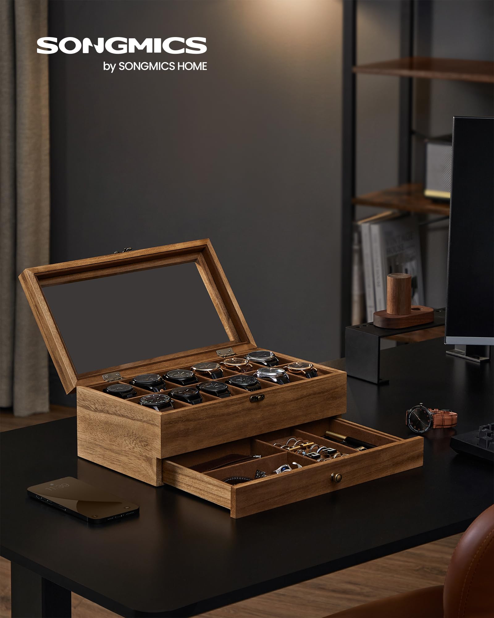 Songmics JOW012K01 scatola portaorologi 12 scomparti noce rustico