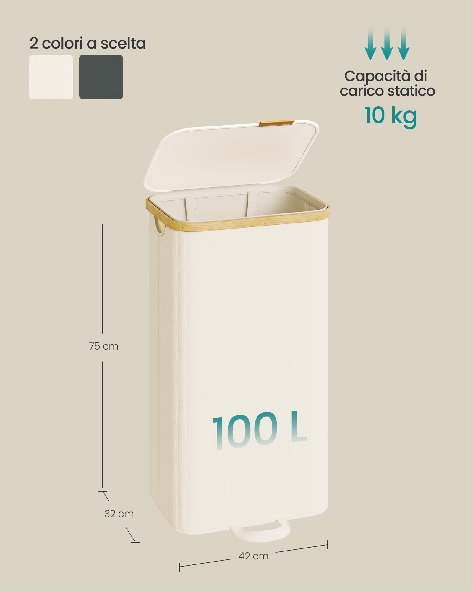 Songmics LCB531WD01 Cesto Portabiancheria 100 L Bianco Crema