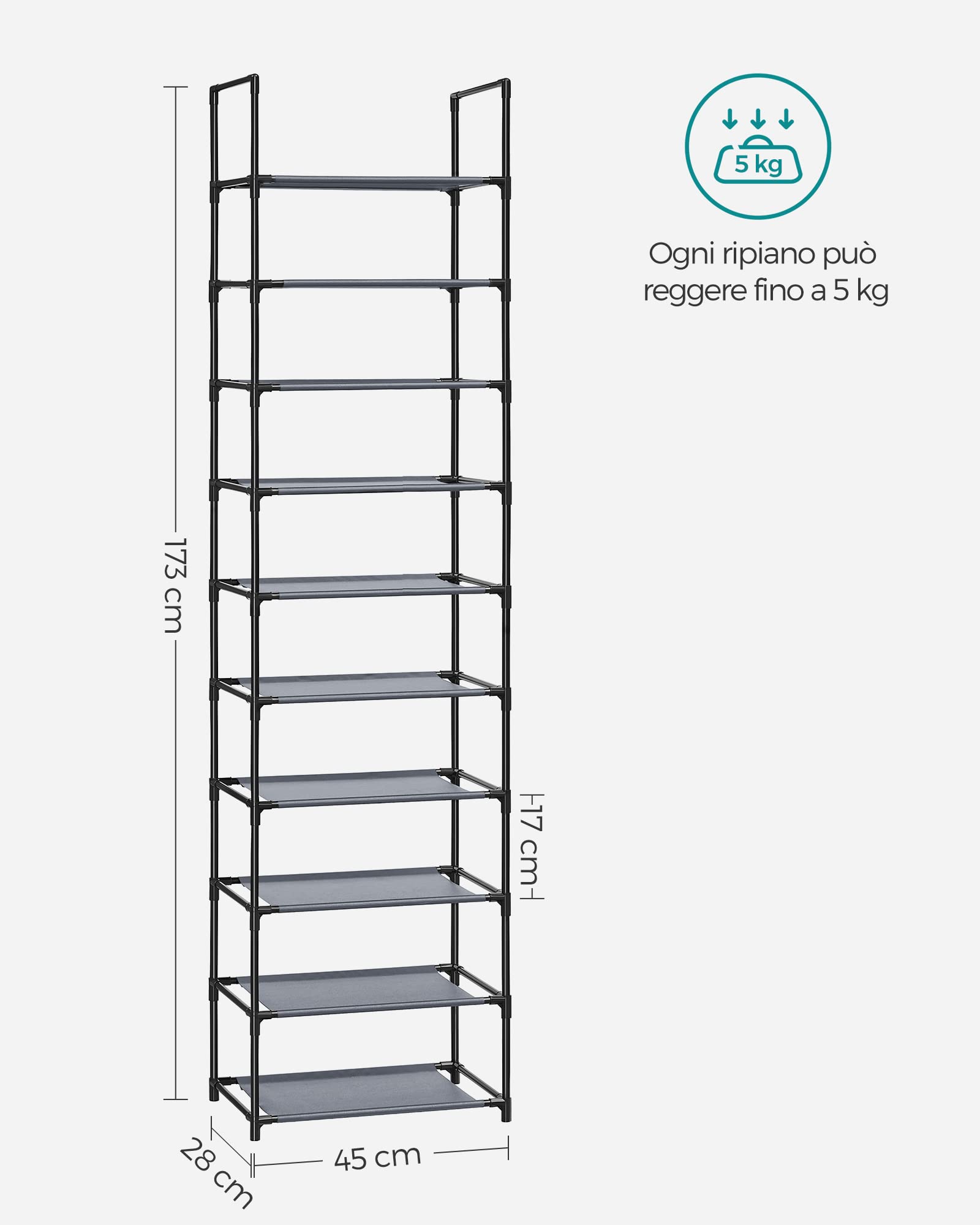 Songmics LSH010G01 scarpiera 10 ripiani grigia 28x45x173