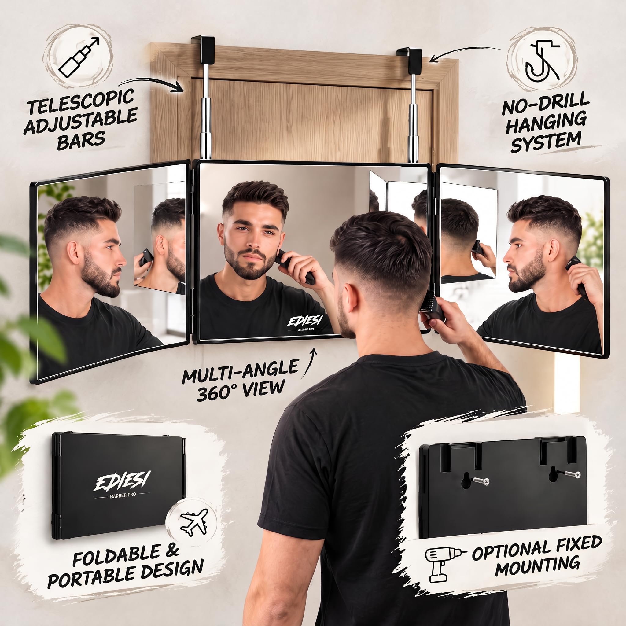 Ediesi Specchio 360 Gradi capelli triplo nero senza LED