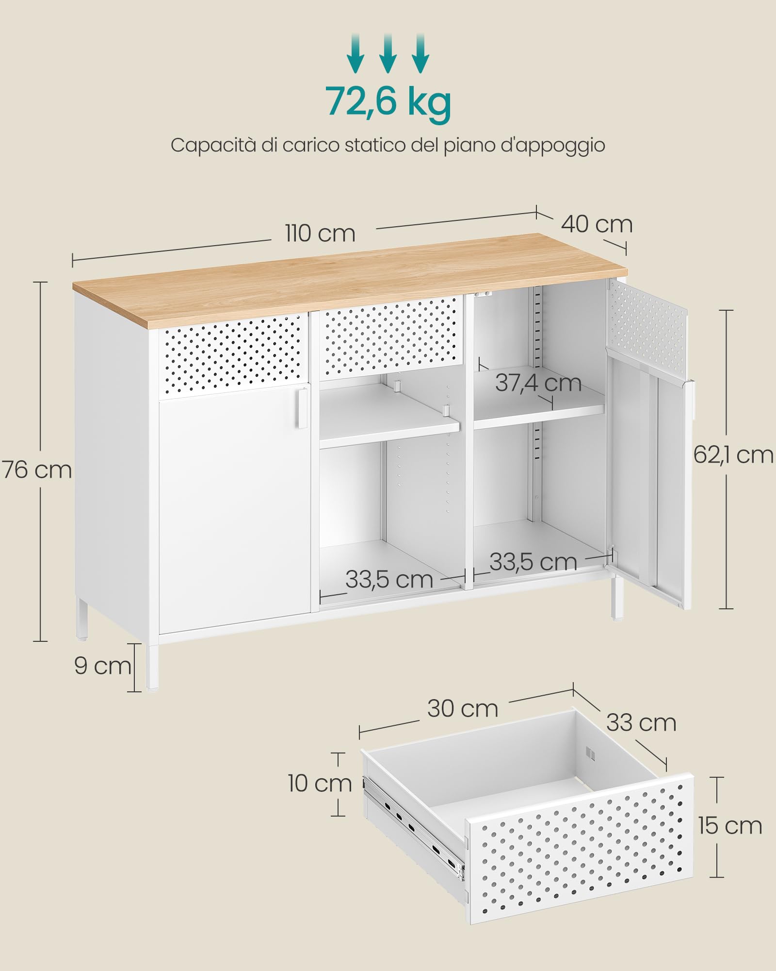 Songmics LSC204WC01 armadietto metallo bianco beige 110x40x76 cm