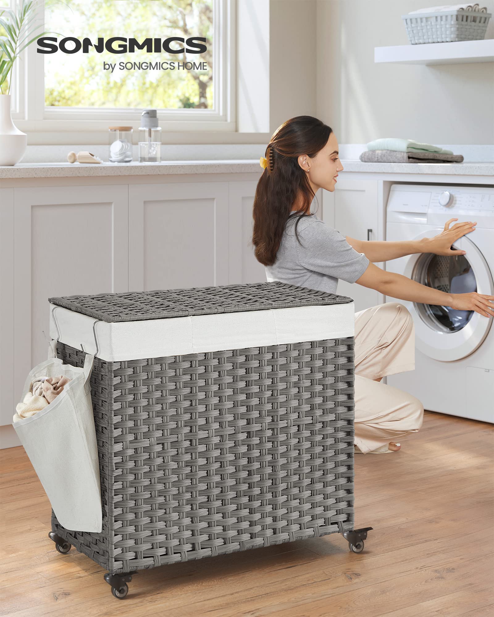 Songmics Cesto Portabiancheria 140L Grigio 3 Scomparti con Ruote