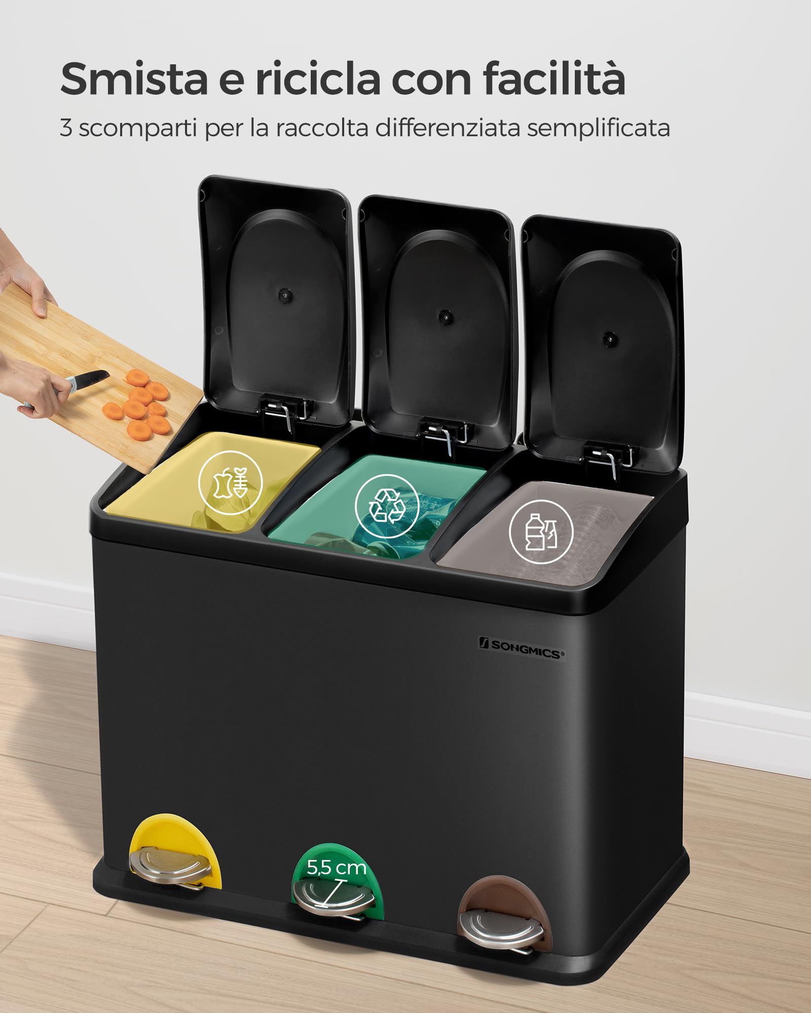Songmics LTB45B Pattumiera 45L Acciaio Nero 3x15L Pedale