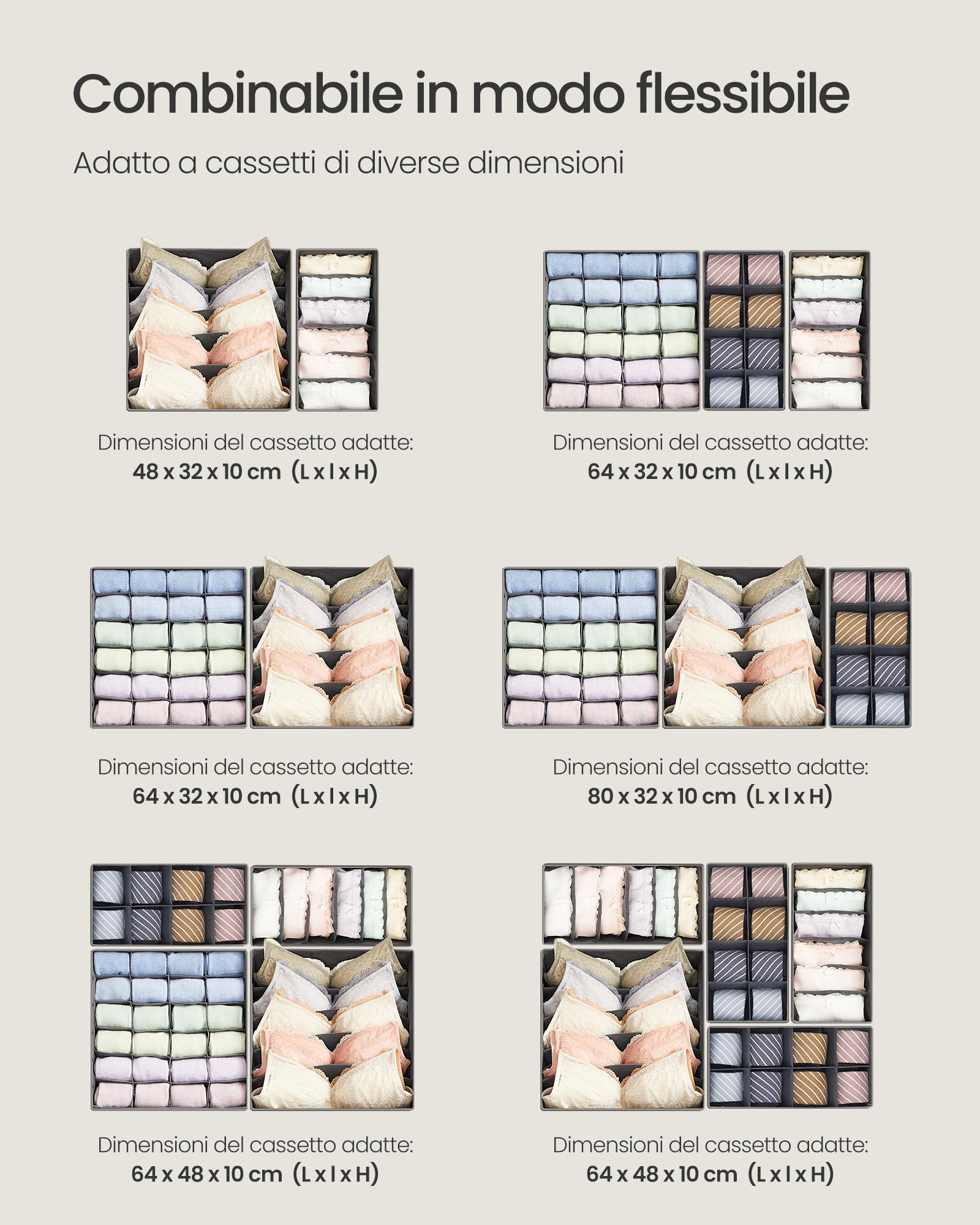 Songmics RUS08GY divisori cassetti grigio set 8 salvaspazio