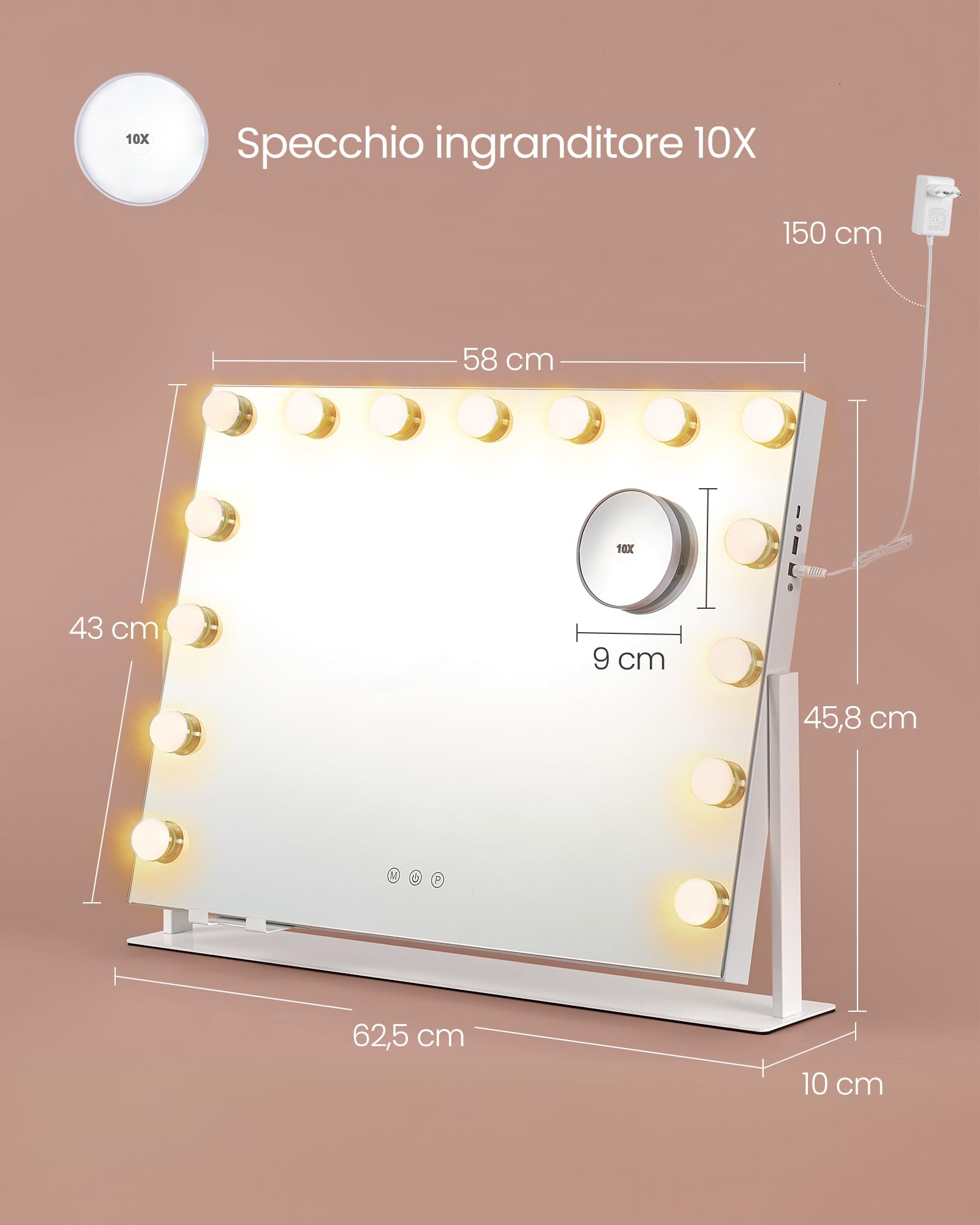 Songmics LWM001W02 specchio trucco con luci 43x58 cm bianco