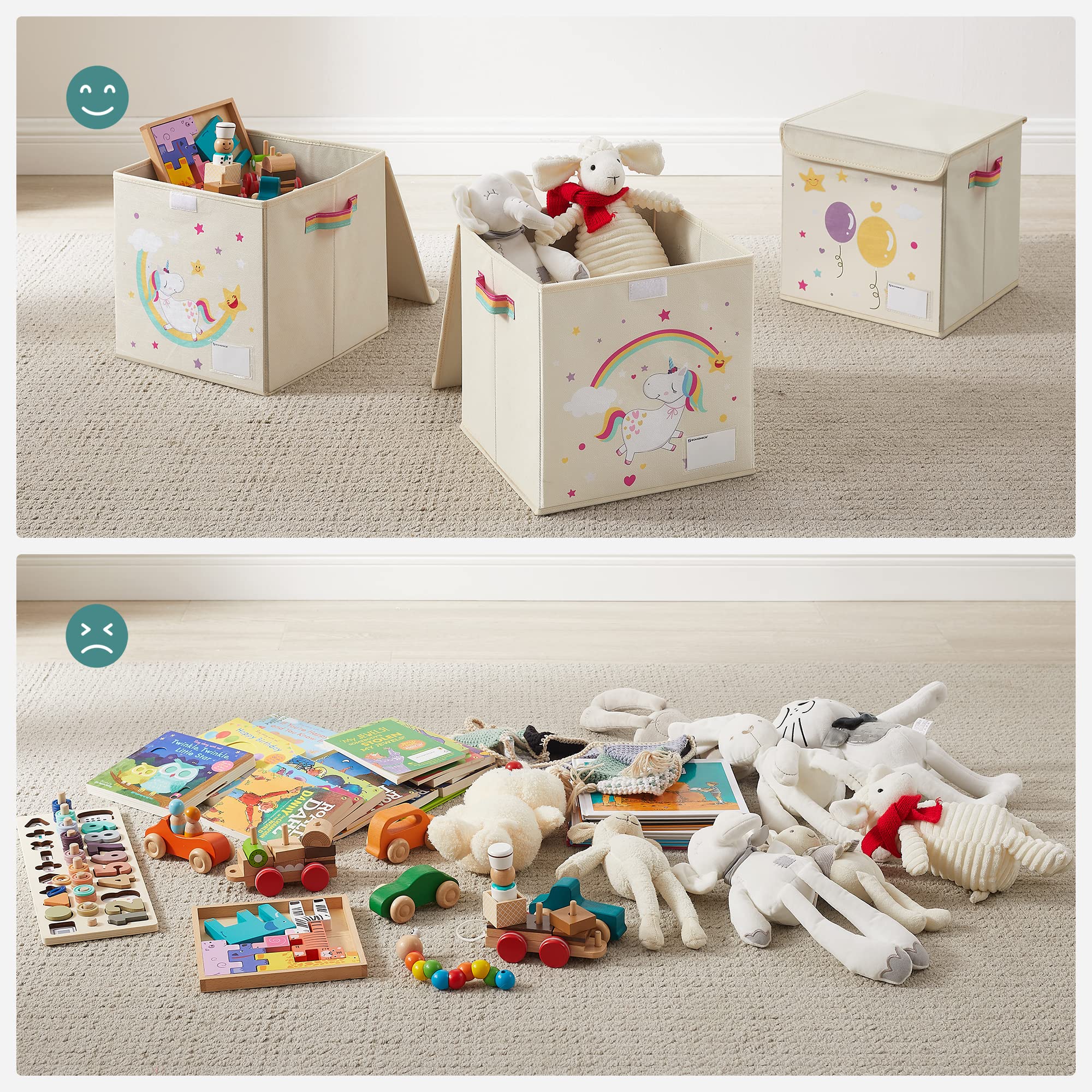 Songmics RFB710W03 Scatole Bambini Unicorno Beige 3 Pezzi 30 cm
