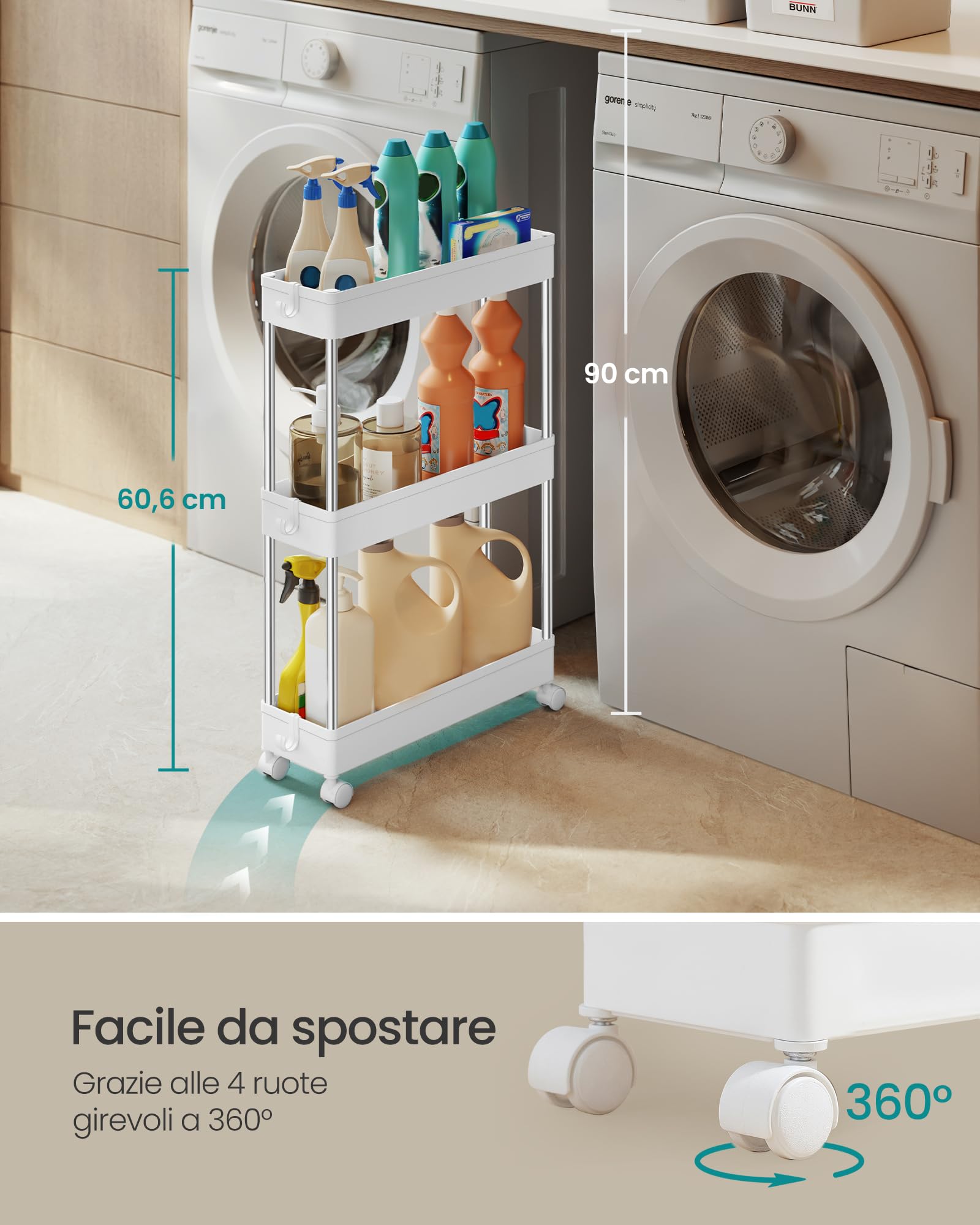 Songmics KSC007W01 carrello 3 ripiani Bianco Nuvola salvaspazio