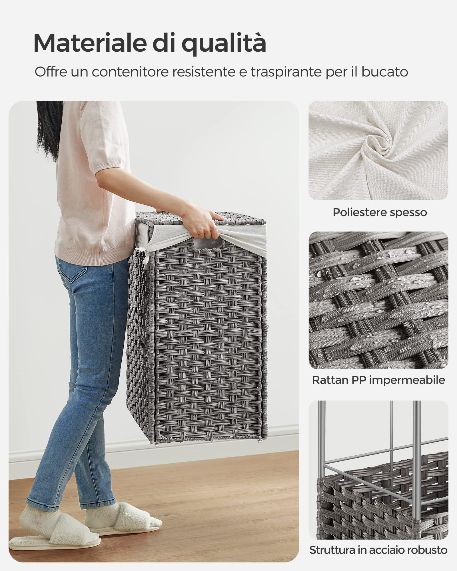 Songmics Cesto Portabiancheria 140L Grigio 3 Scomparti con Ruote