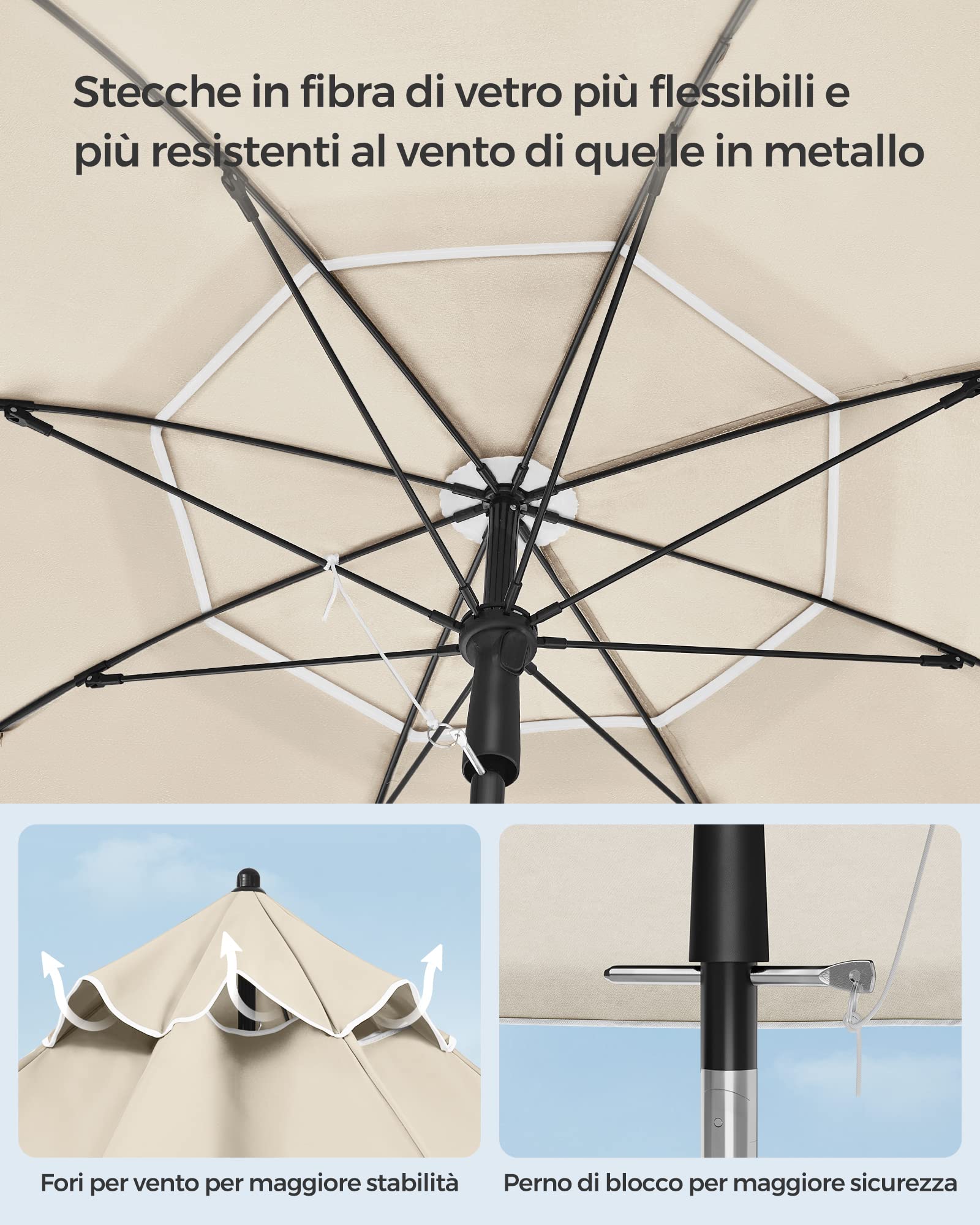 Songmics Ombrellone Spiaggia UPF 50+ Inclinabile con Borsa