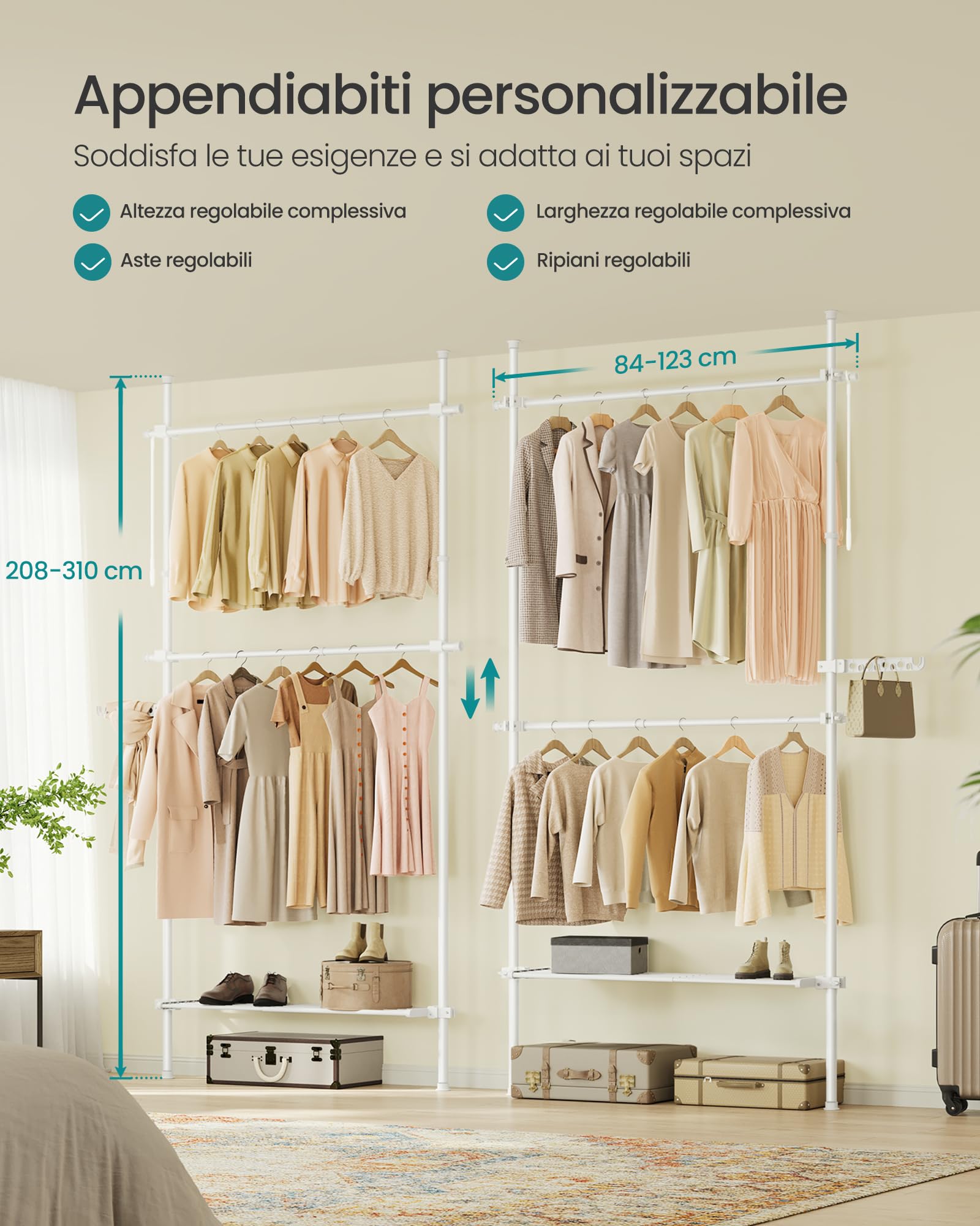Songmics appendiabiti da terra a soffitto 3 livelli 84-123 cm salvaspazio