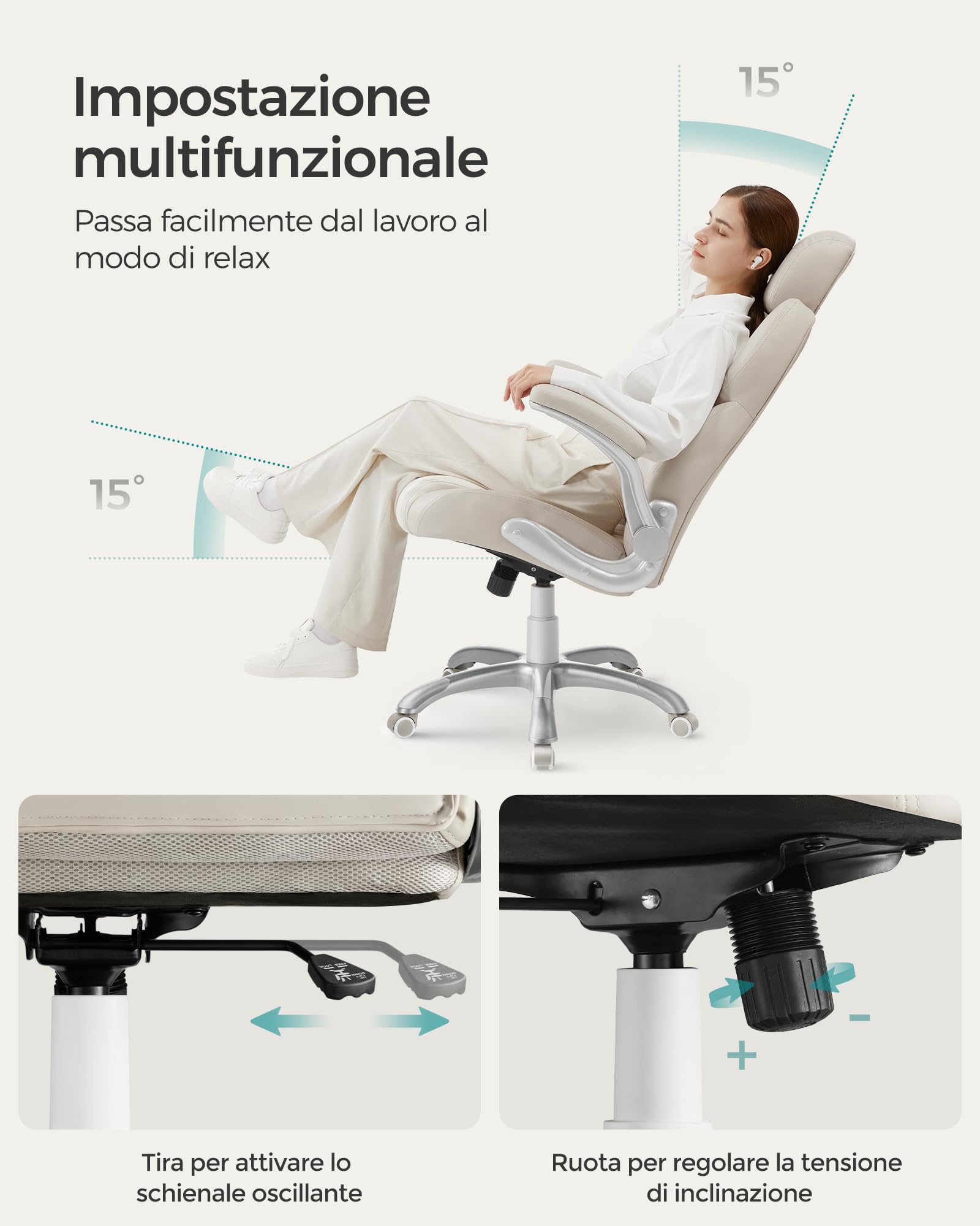 Songmics OBG065W02 sedia ufficio bianco crema regolabile