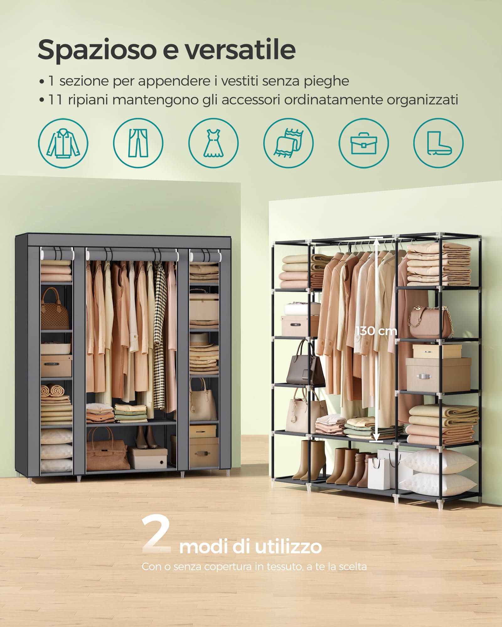 Songmics LSF03G armadio tessuto 150x45x175 cm grigio 12 ripiani