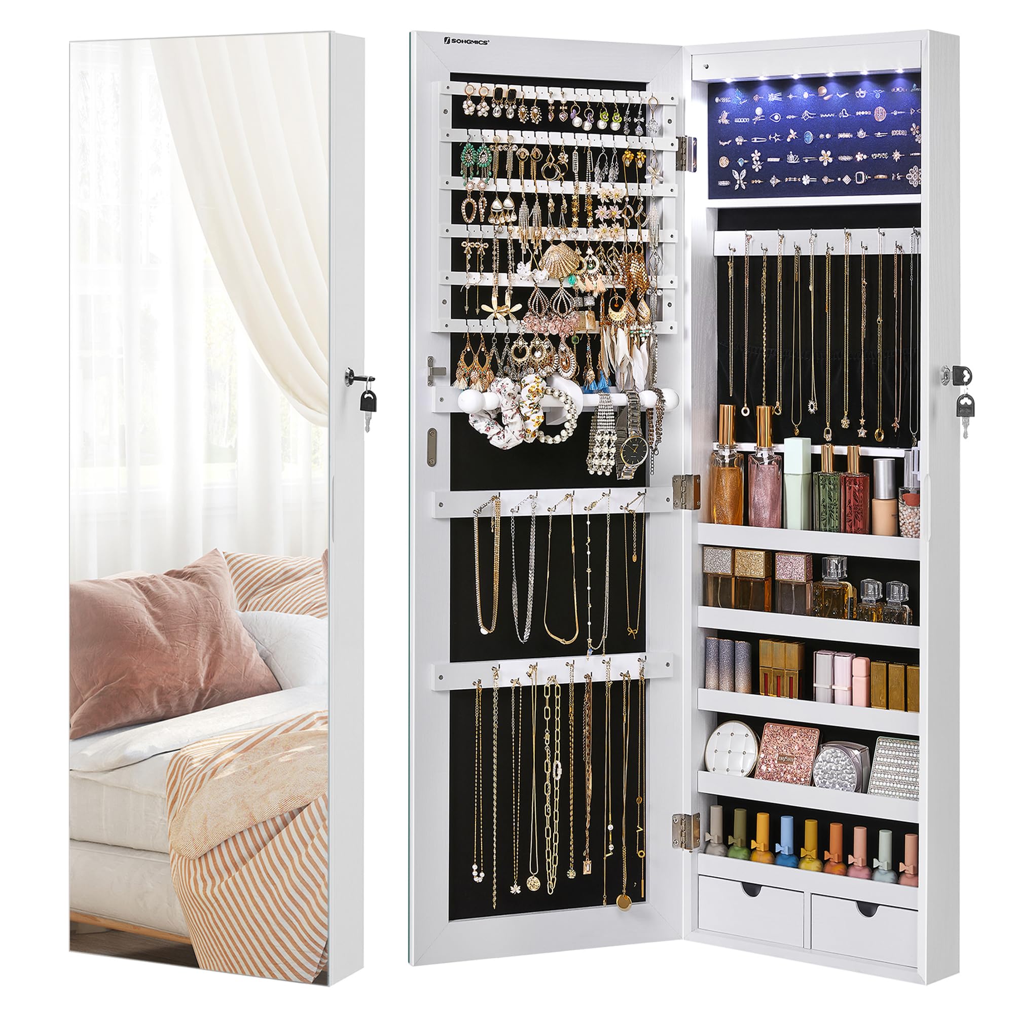 Songmics JJC99WT Armadio Gioielli Specchio LED Bianco