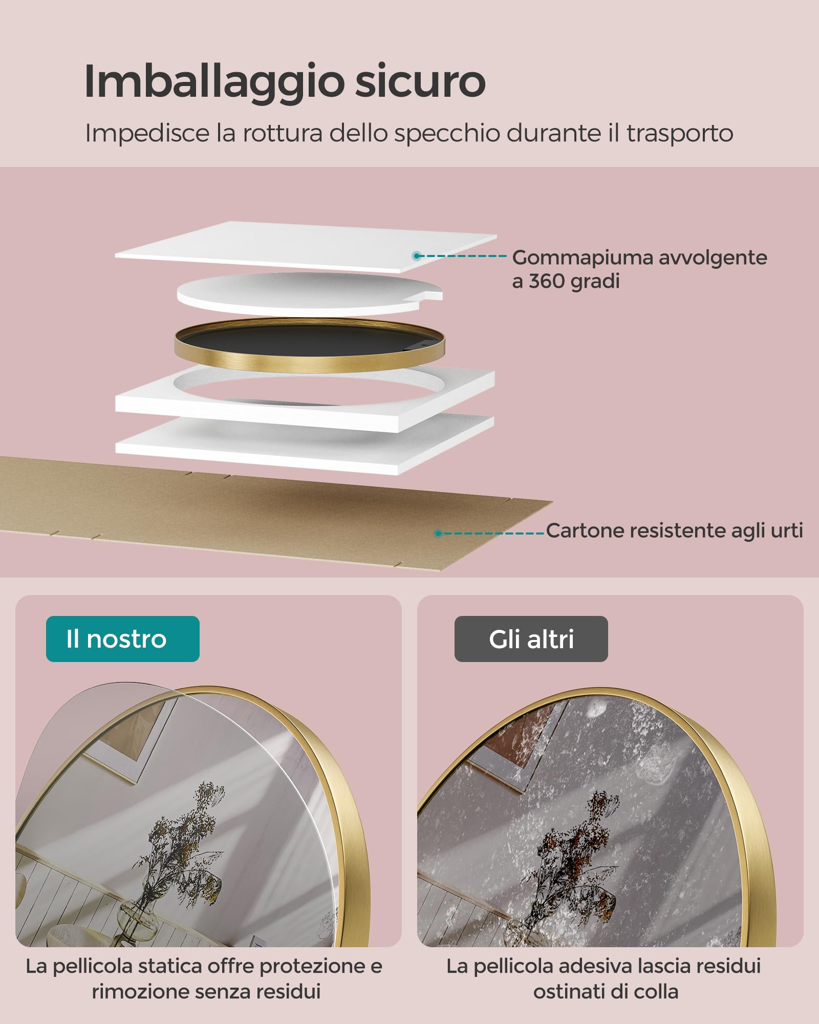 Songmics Berit LWM102A01 specchio rotondo 61 cm oro alluminio
