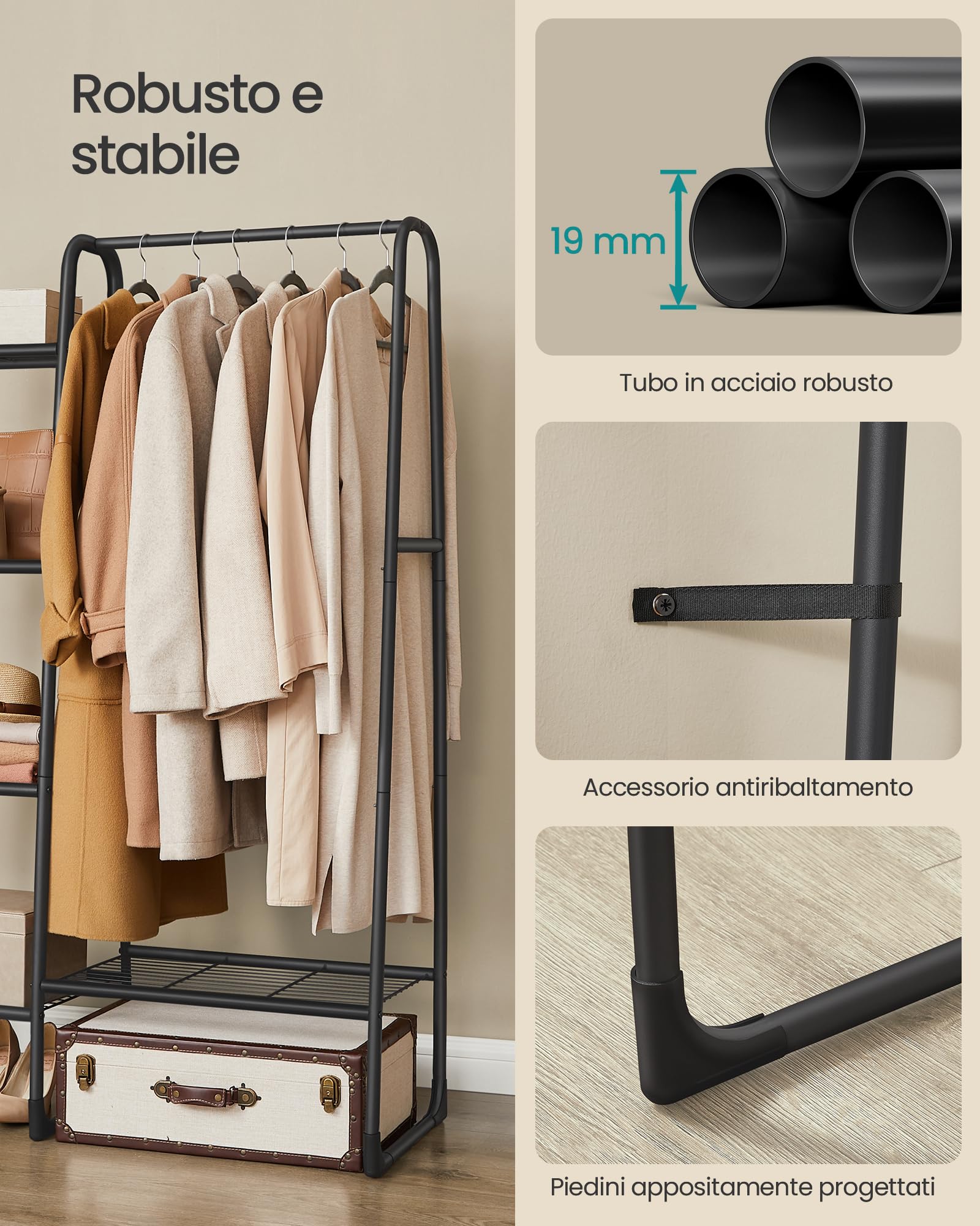 Songmics HSR138B01 stand appendiabiti nero 5 ripiani 70 kg