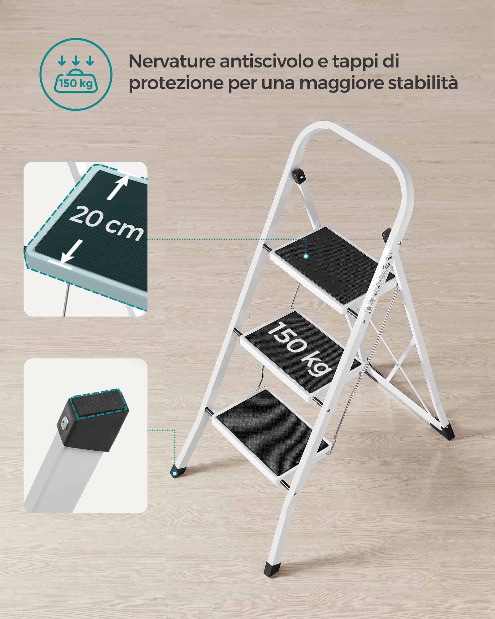 Songmics GSL03WT scaletta 3 gradini bianco acciaio 150 kg