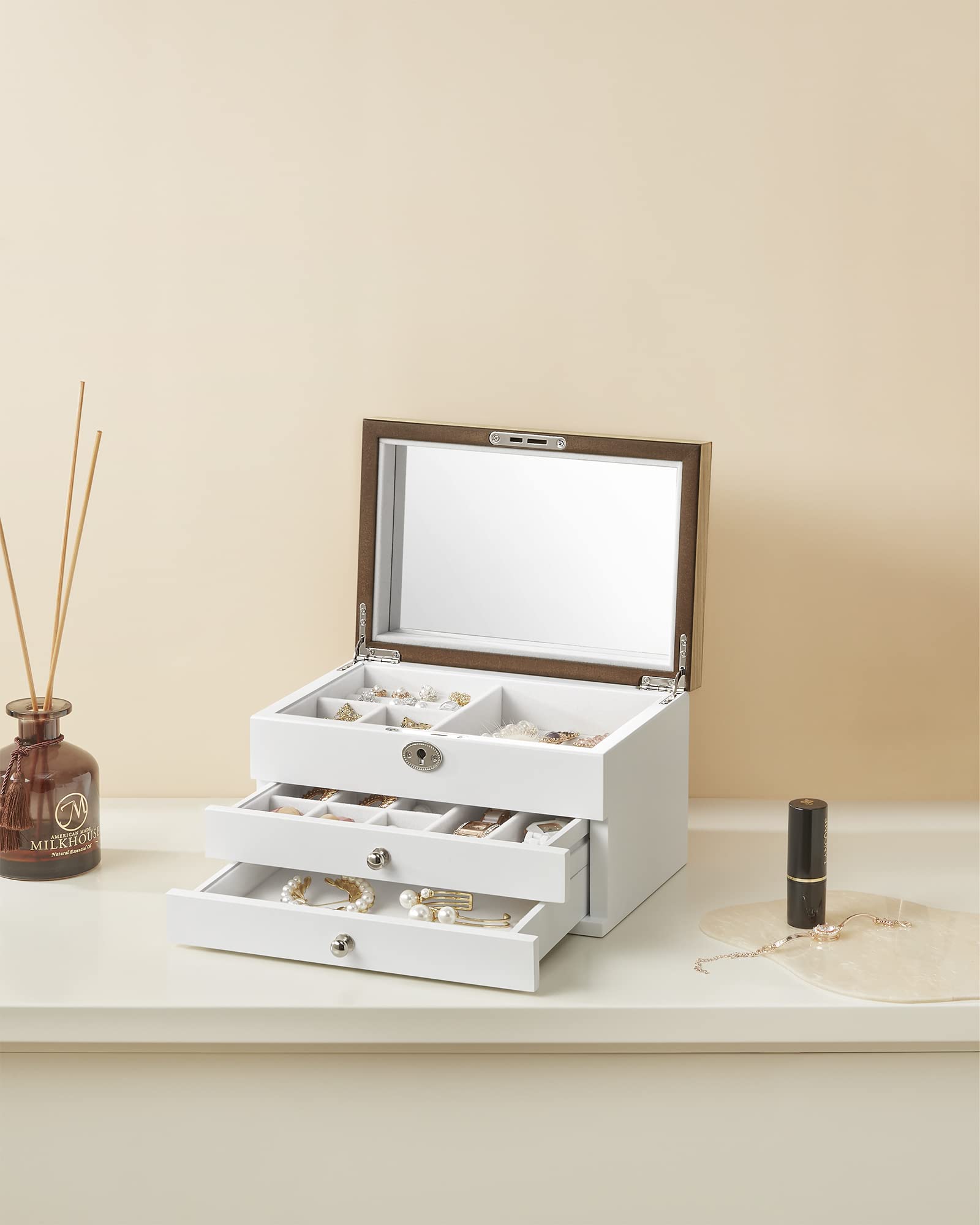 Songmics JOW15WN scatola portagioie bianco legno con specchio