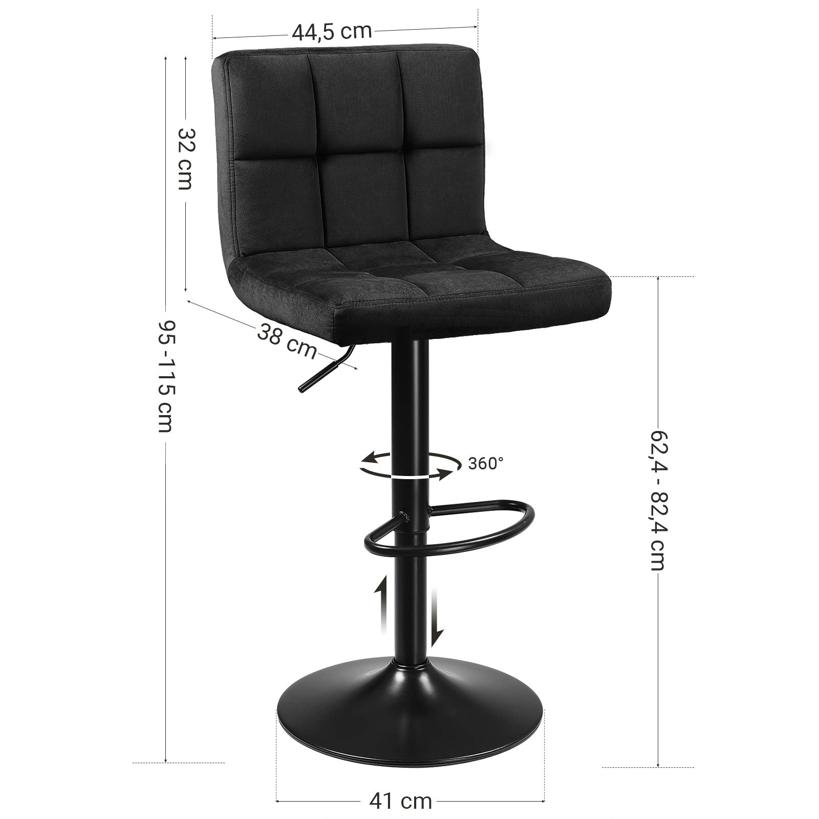 Songmics LJB014B01 sgabelli bar velluto neri set 2 regolabili