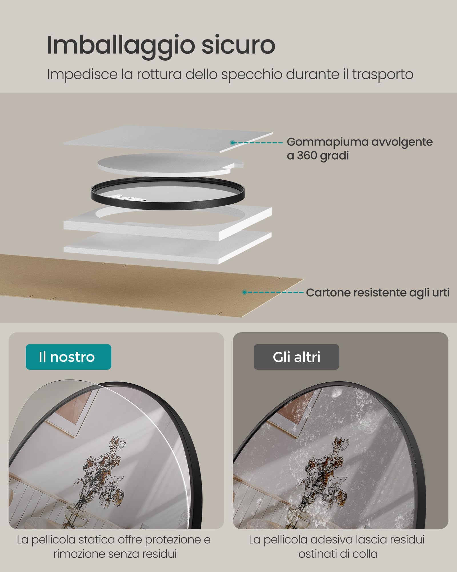 Songmics LWM101B01 specchio parete rotondo nero 50 cm