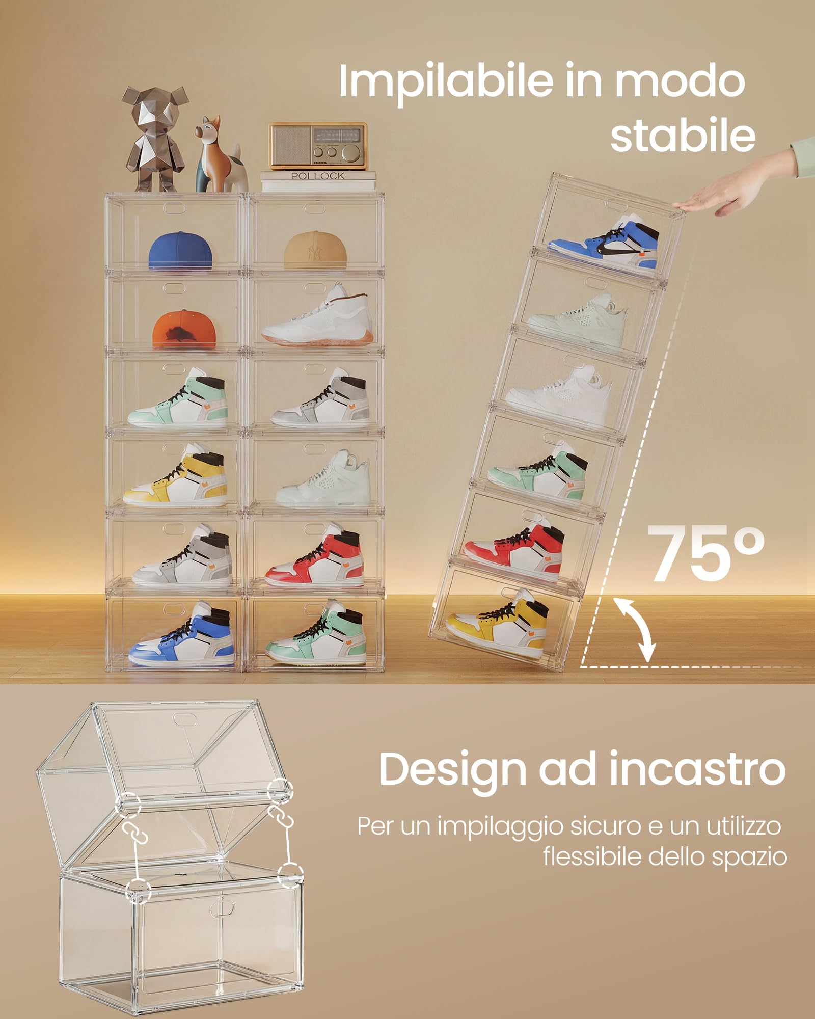 Songmics LSP706WH01 scatole scarpe trasparenti set 6 pezzi fino 47