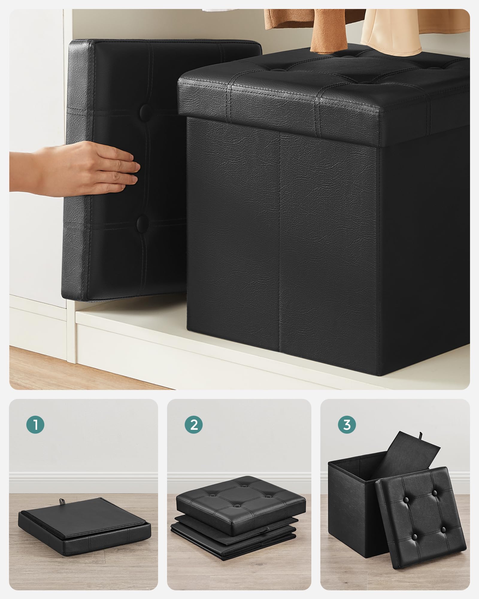 Songmics LSF30B Pouf Contenitore 38 cm Nero Pieghevole