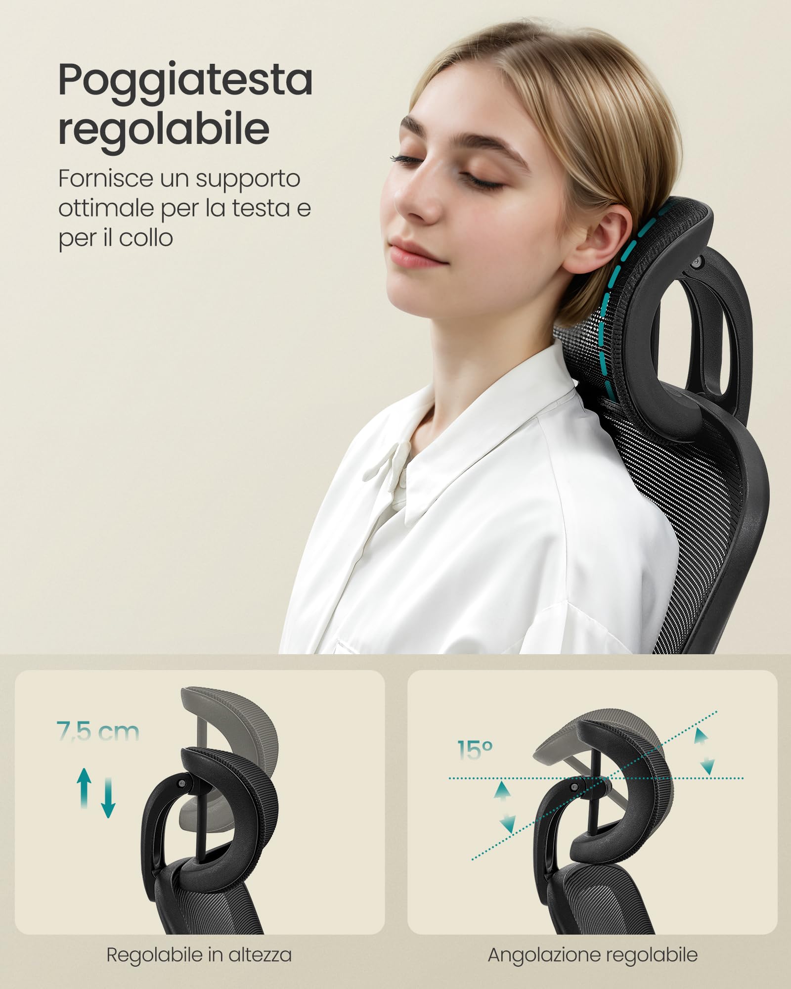 Songmics OBN047B01 sedia ufficio nera poggiatesta 53 cm
