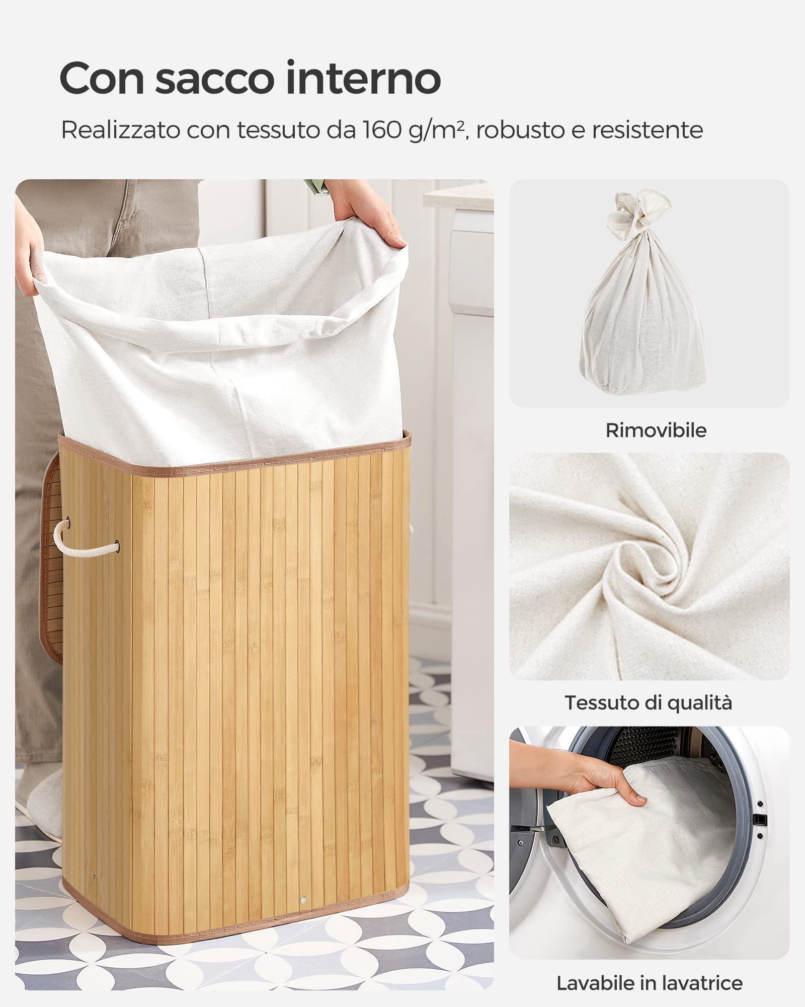 Songmics LCB10Y cesta portabiancheria 72L naturale bambù