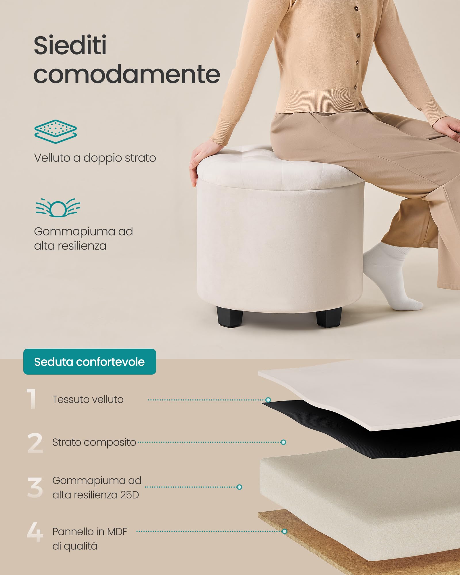 Songmics LOM012W01 pouf contenitore bianco crema 45 cm velluto