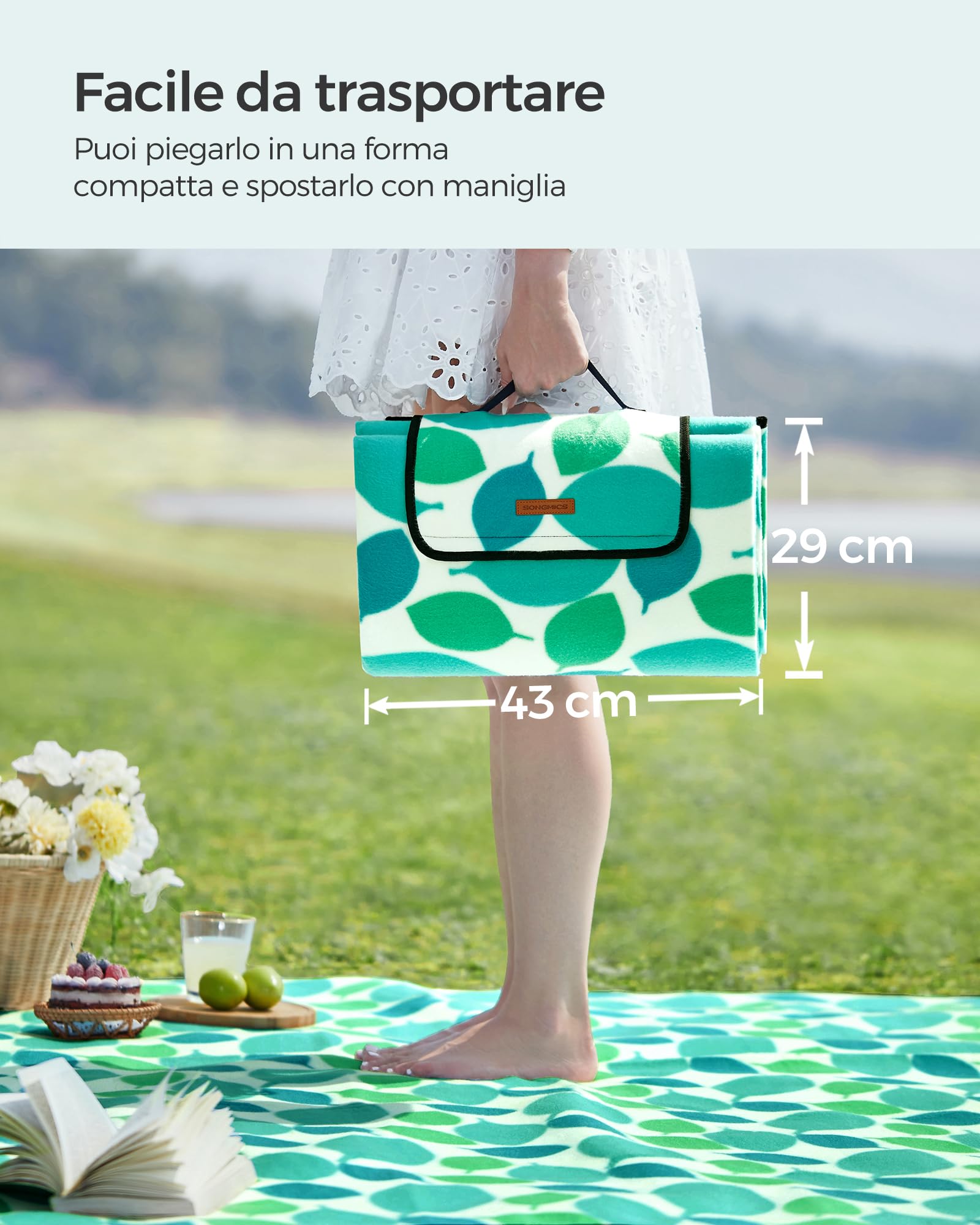 Songmics GCM78Y coperta picnic 200x200 foglie impermeabile