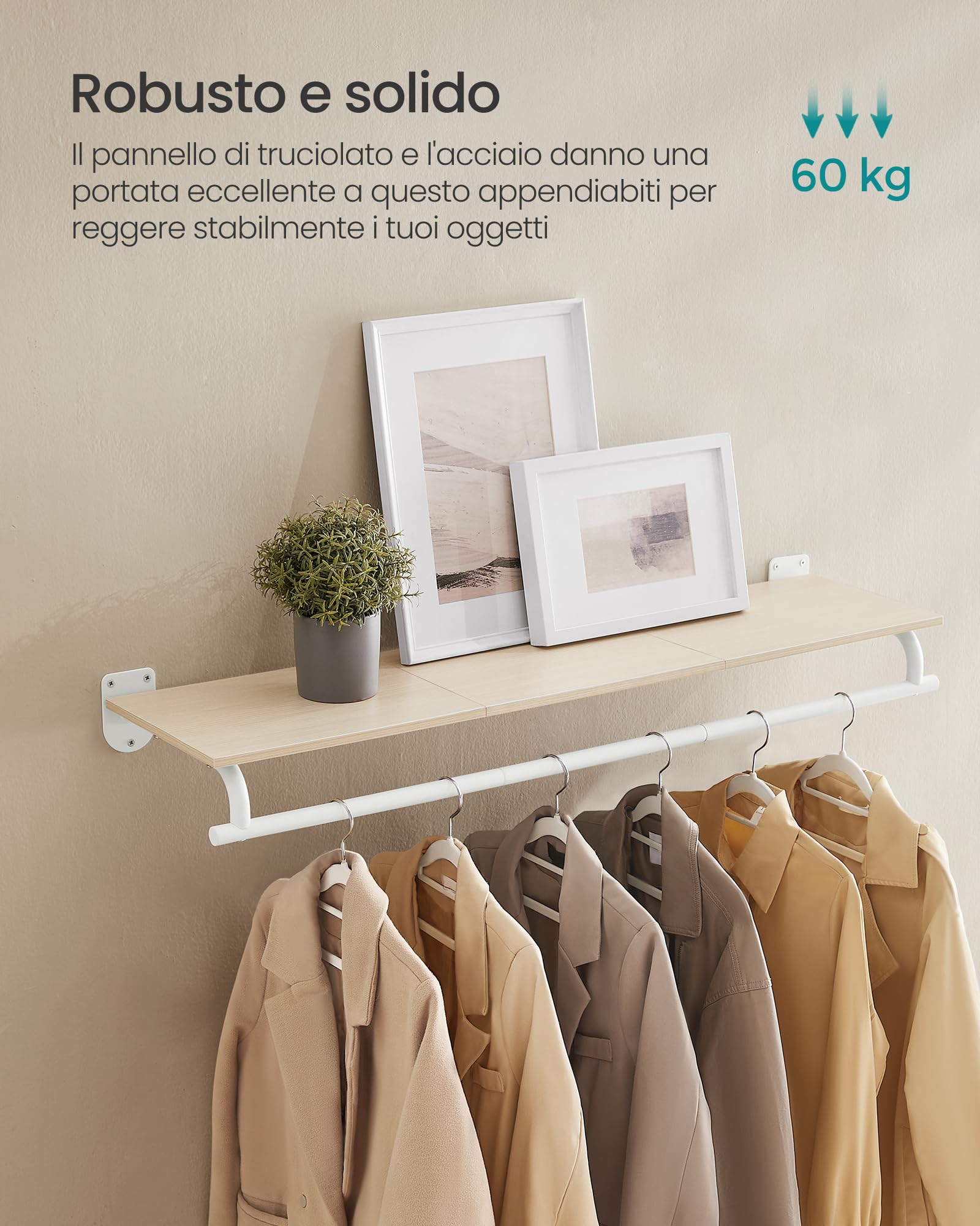 Songmics HSR135W01 Appendiabiti Parete 109cm Beige Acciaio