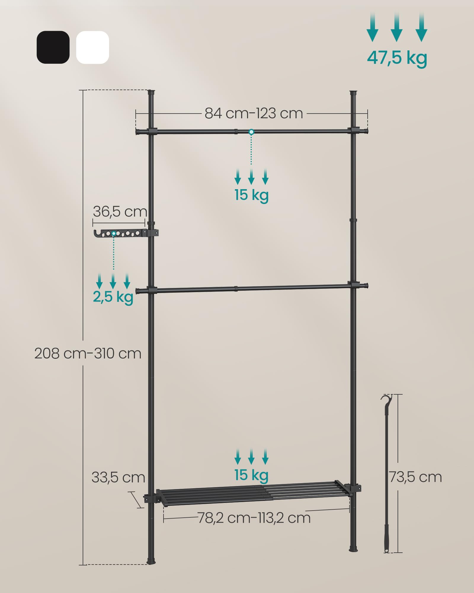 Songmics HSR136B01 appendiabiti pavimento-soffitto nero opaco