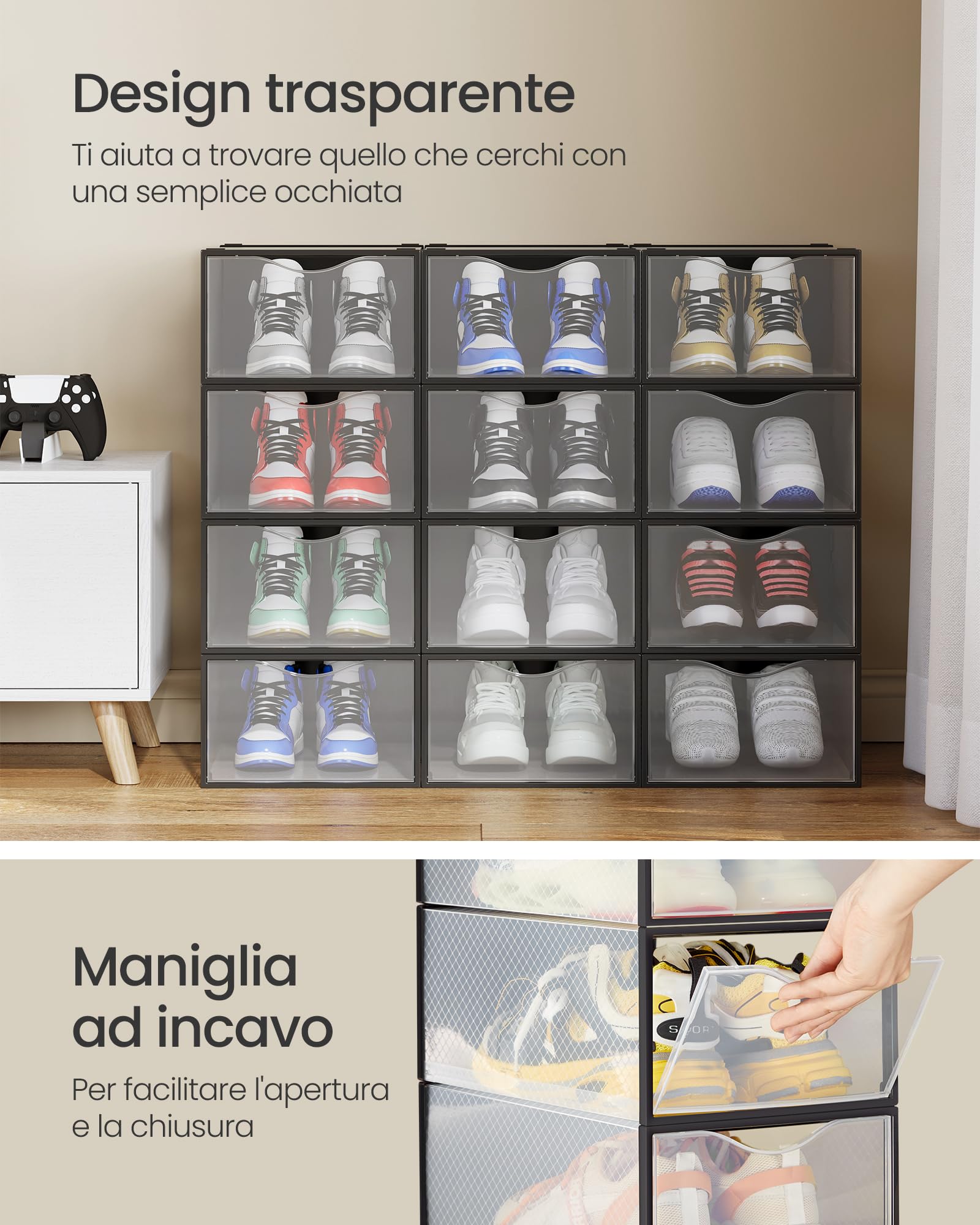 Songmics LSP312B01 scatole scarpe trasparenti 12 pezzi nere
