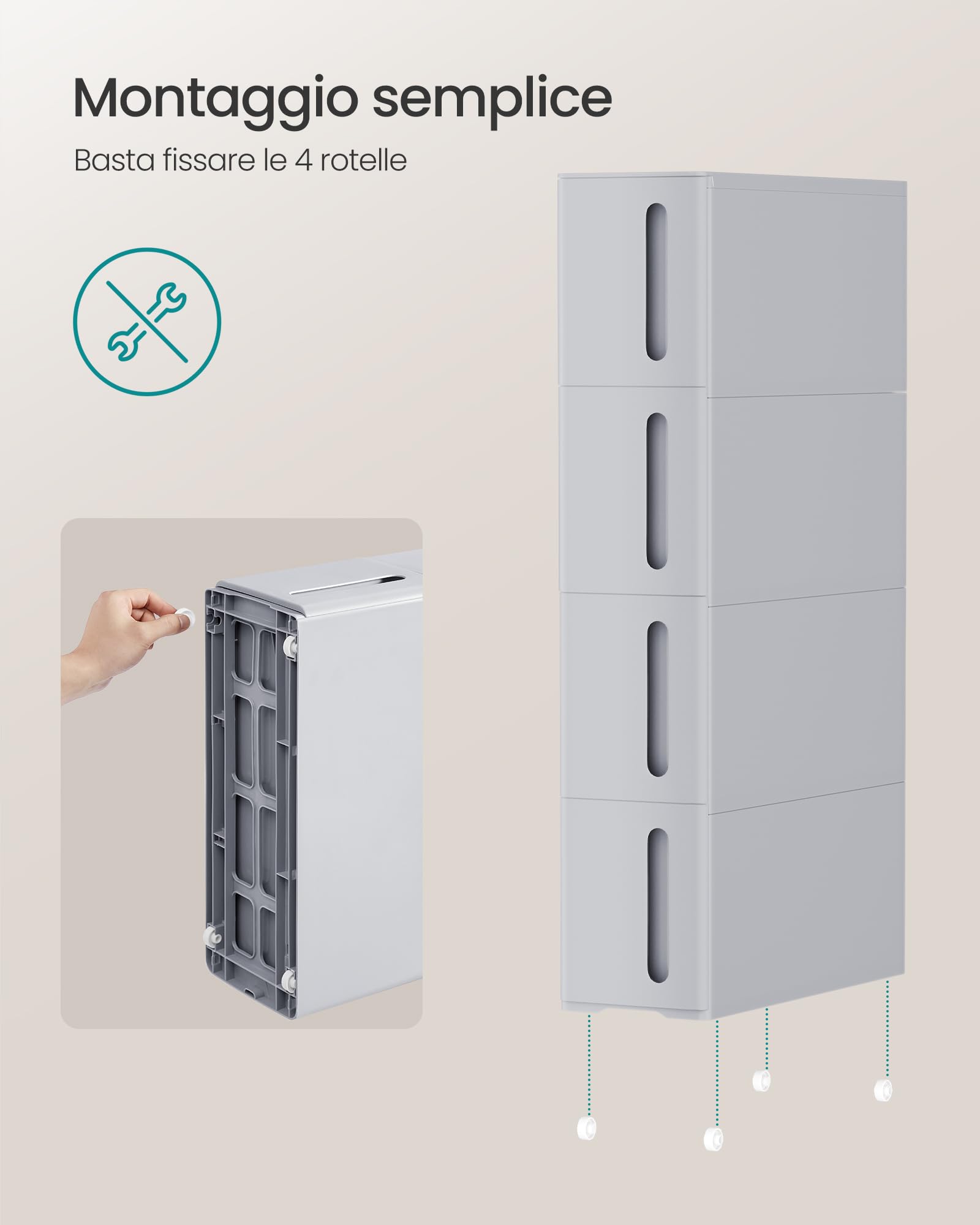 Songmics KFR008G02 carrello 4 cassetti 17,3 cm grigio plastica PP