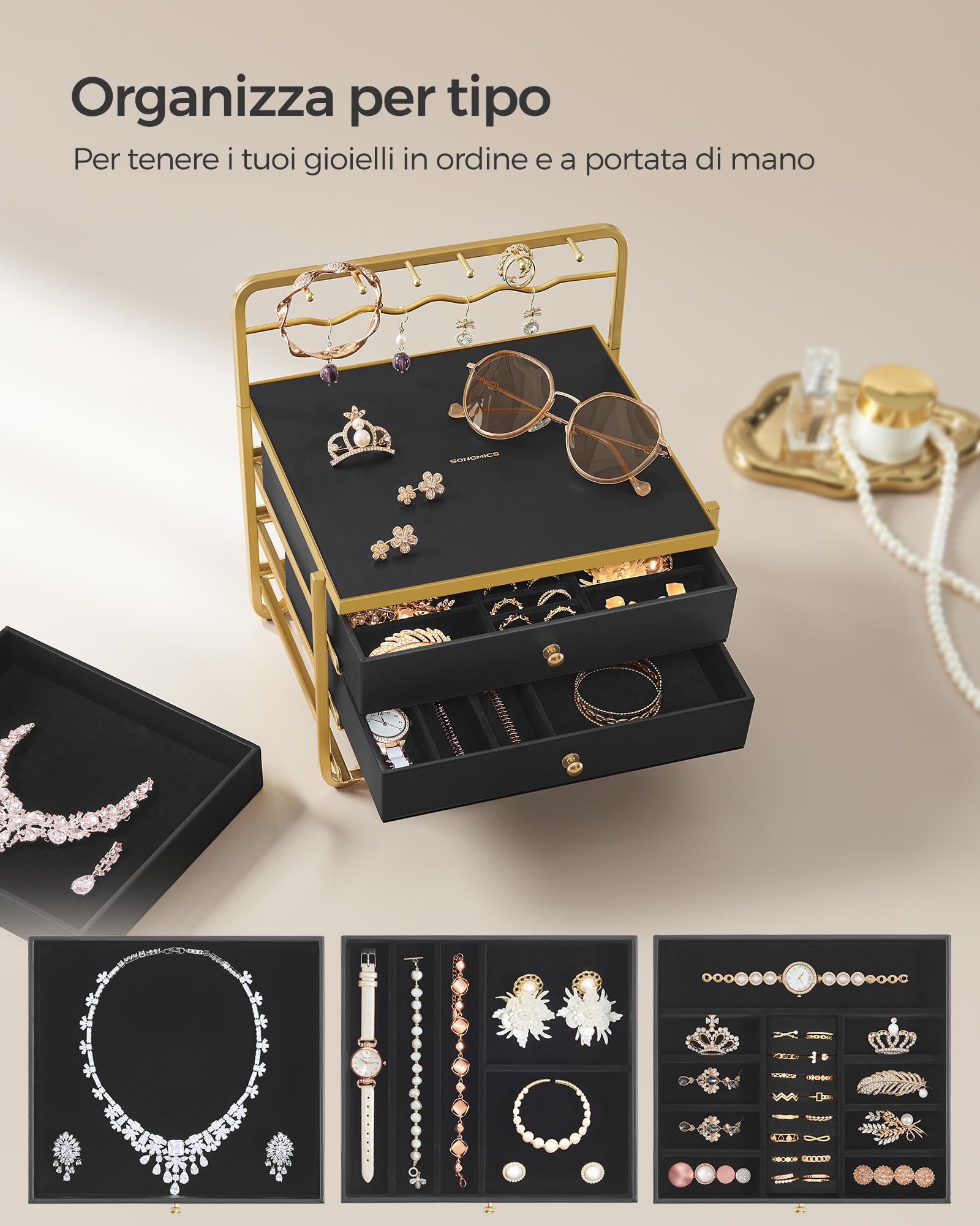 Songmics JBC168B01 scatola portagioie 3 cassetti nero inchiostro metallo