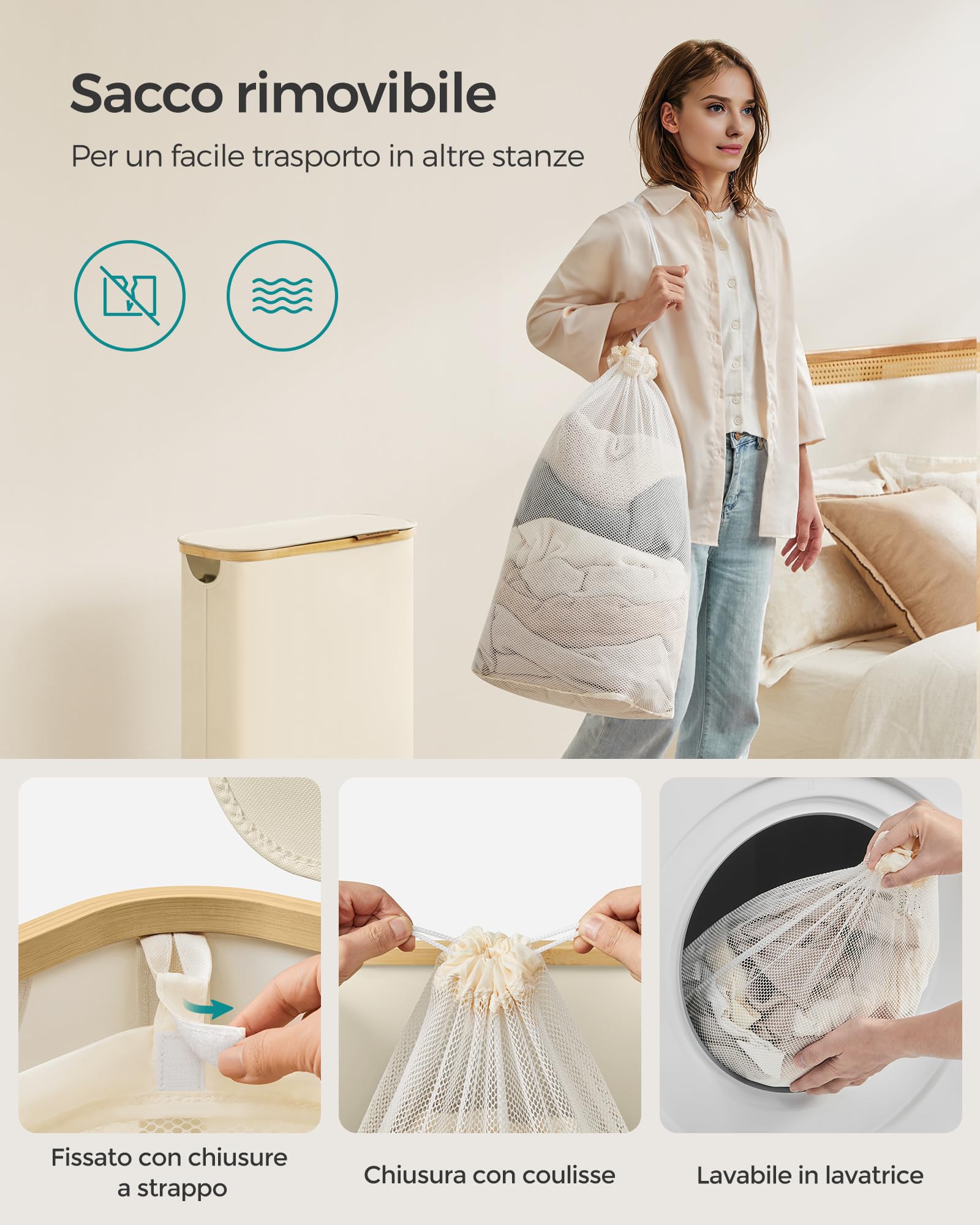 Songmics LCB506W01 cesto portabiancheria 65L bianco crema salvaspazio