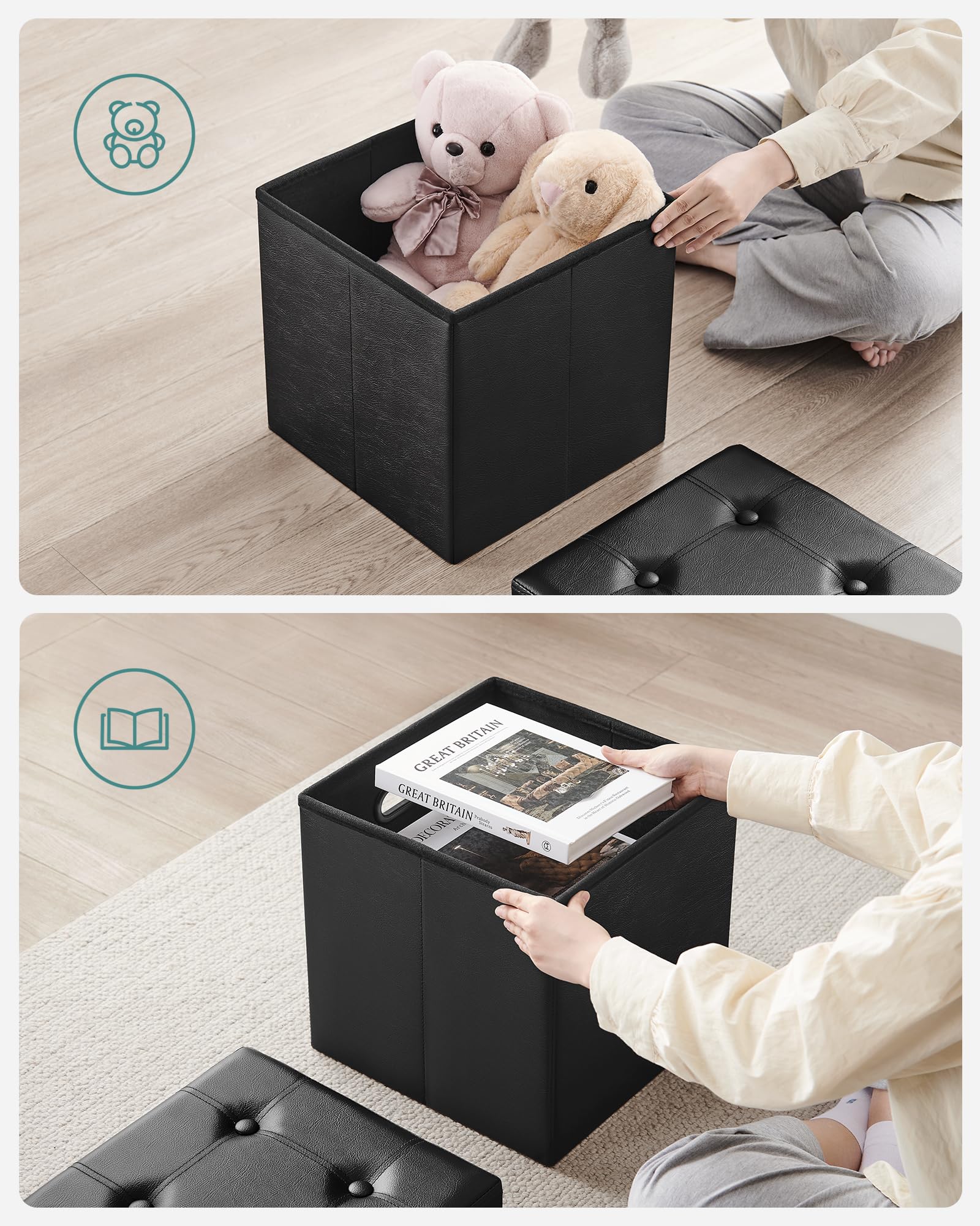 Songmics LSF30B Pouf Contenitore 38 cm Nero Pieghevole