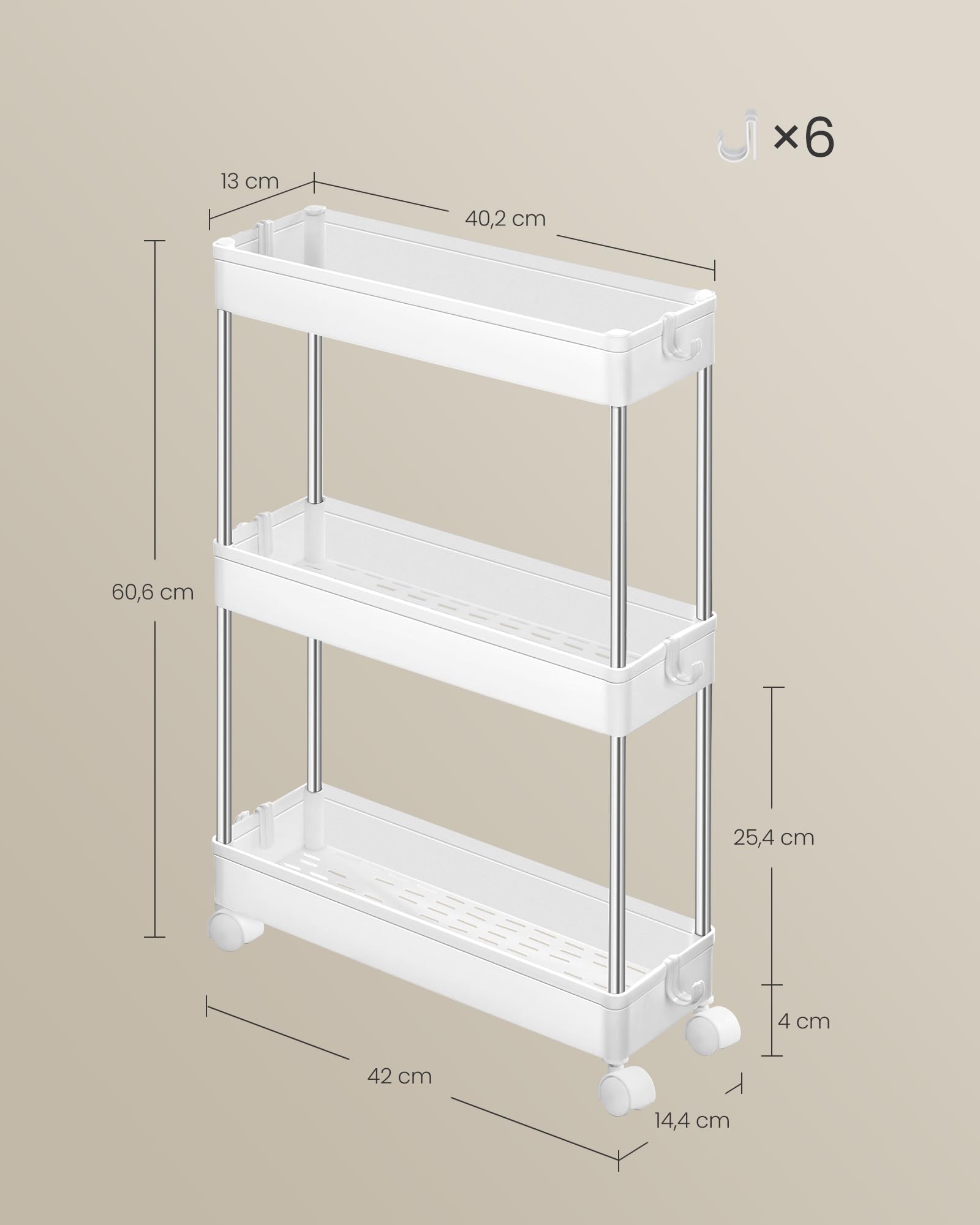 Songmics KSC007W01 carrello 3 ripiani Bianco Nuvola salvaspazio