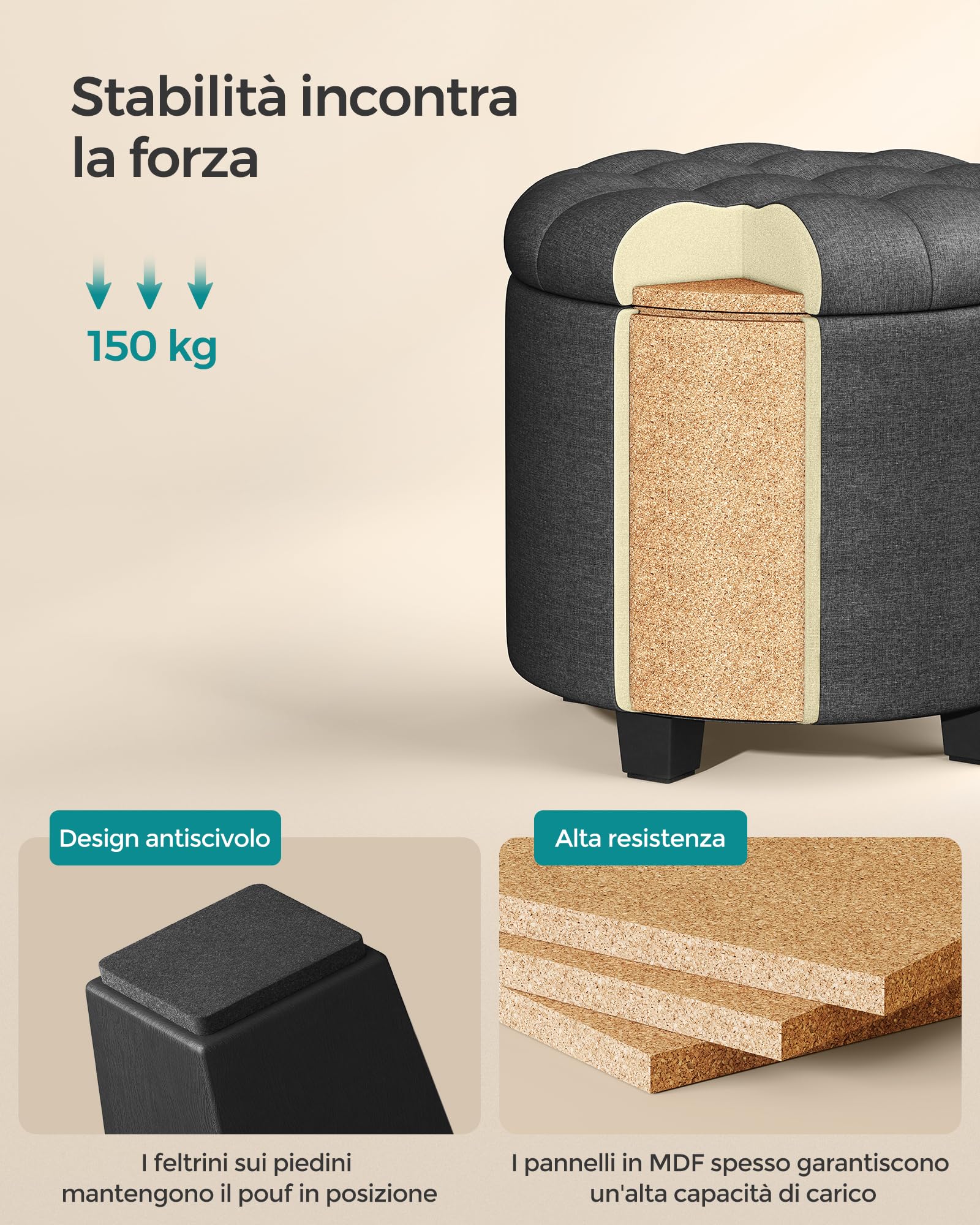Songmics LOM011G01 pouf contenitore rotondo grigio scuro 42L
