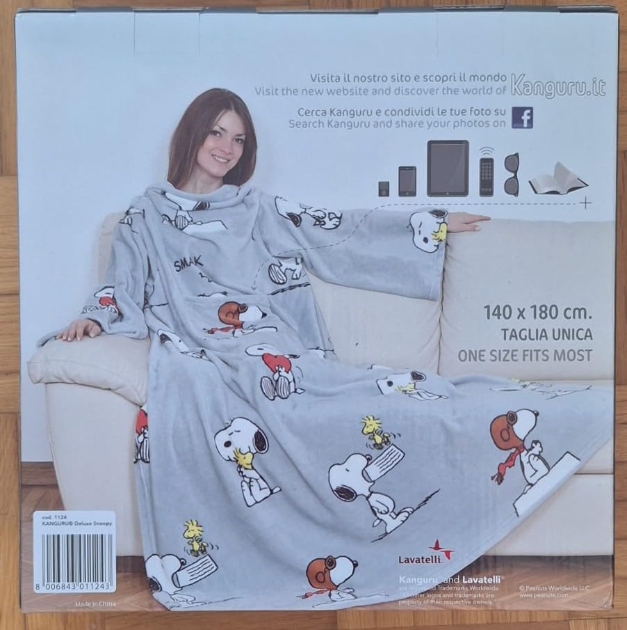 Kanguru Coperta con Maniche Snoopy Grigia 140x180 cm