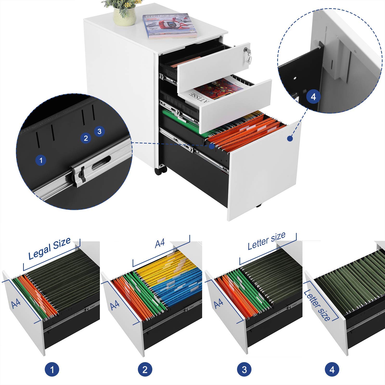 Songmics OFC60WT Cassettiera Ufficio 3 Cassetti Bianca