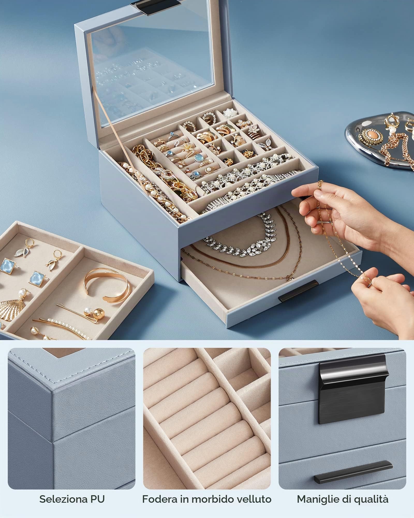 Songmics JBC239BU portagioie 3 livelli blu vetro