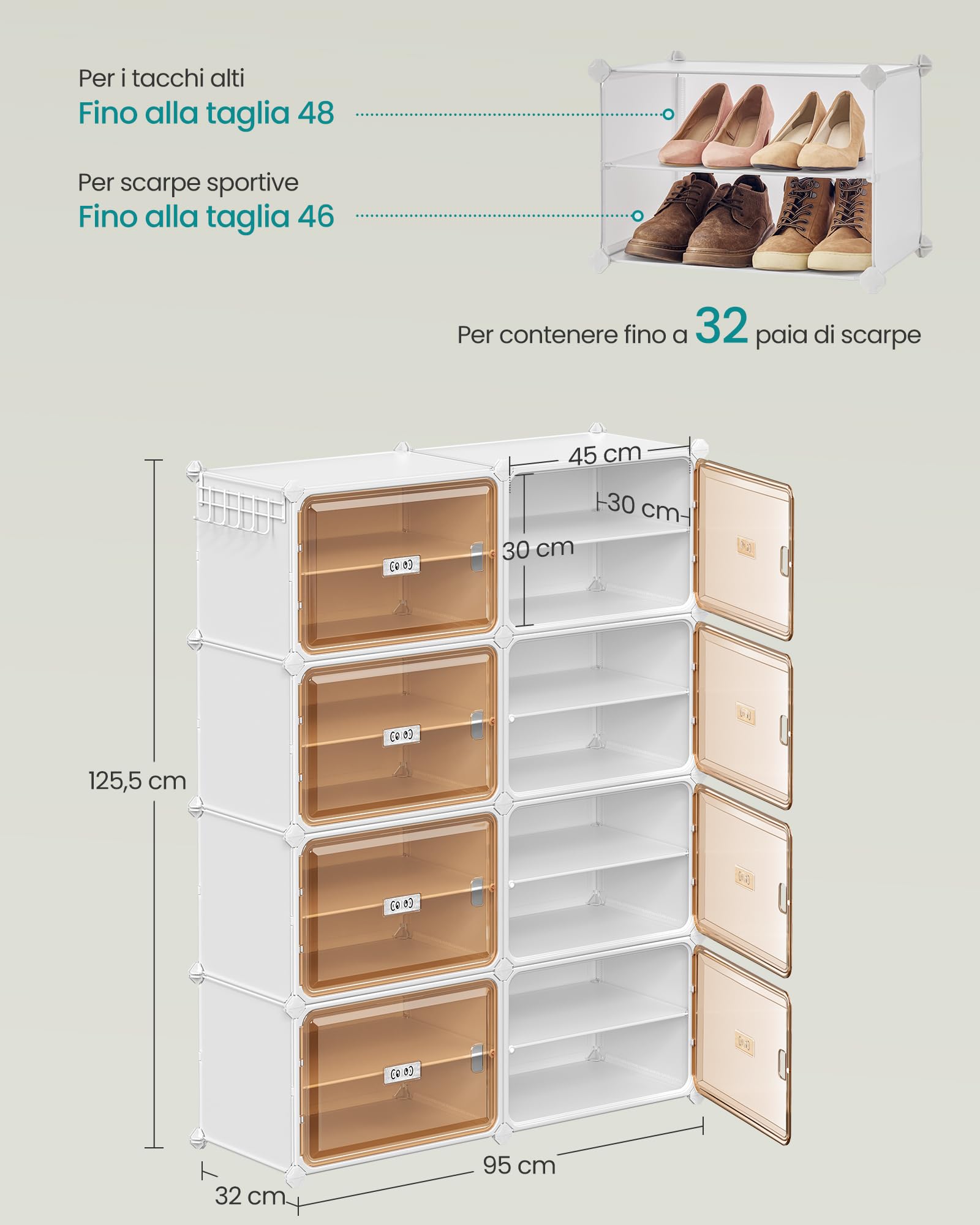 Songmics LPC054WH01 scarpiera 8 scomparti 32 paia ante