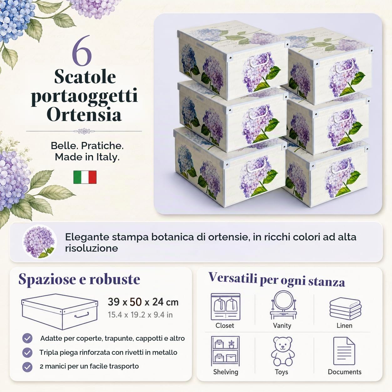 Lavatelli Ortensie scatole armadio cartone 39x50x24 cm set 6 pezzi