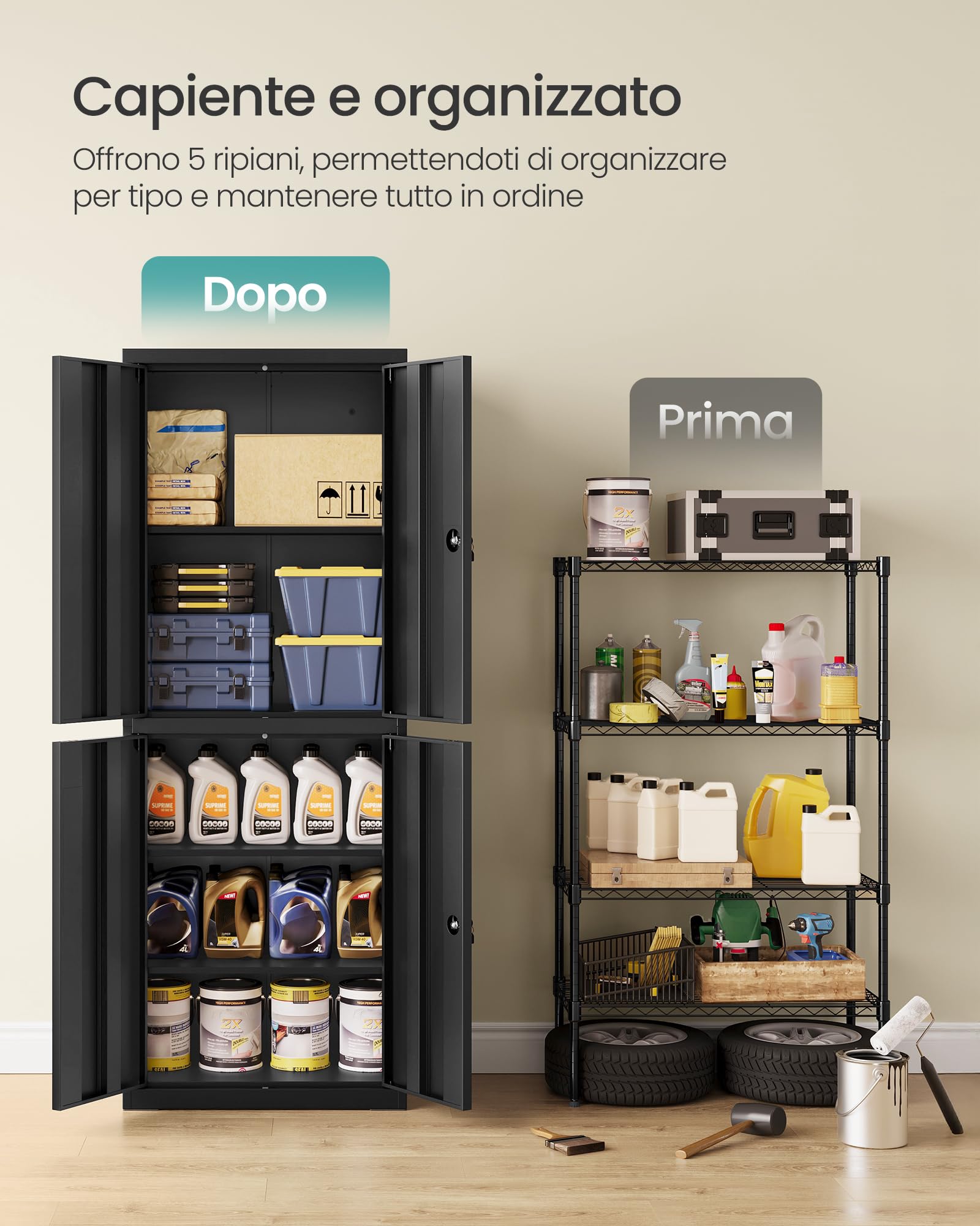 SONGMICS armadietto garage 60x40x180 cm 5 ripiani acciaio