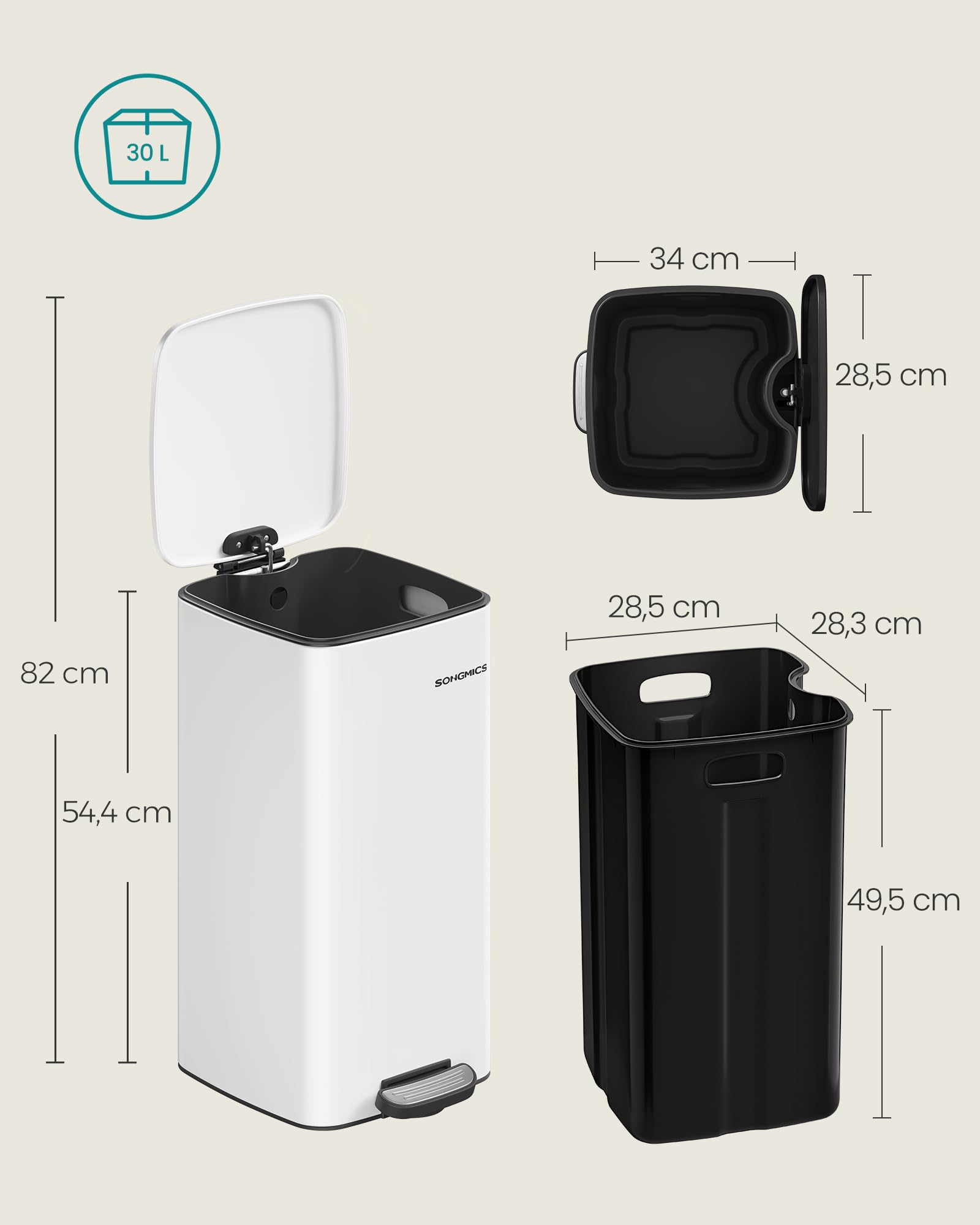 Songmics pattumiera cucina pedale acciaio 30 L bianco soft-close